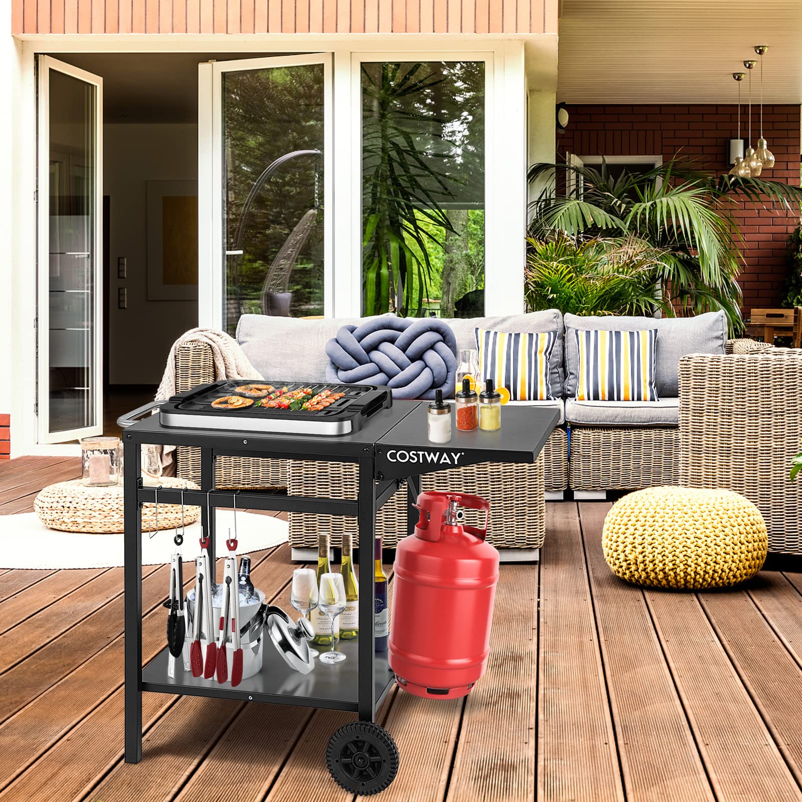 COSTWAY Carrello per Barbecue, Carrello di Servizio con Ruote e 4 Ganci, Pannello Laterale Pieghevole, Carrello Cucina Multiuso per Forno da Pizza, per Casa Cortile Patio e Giardino