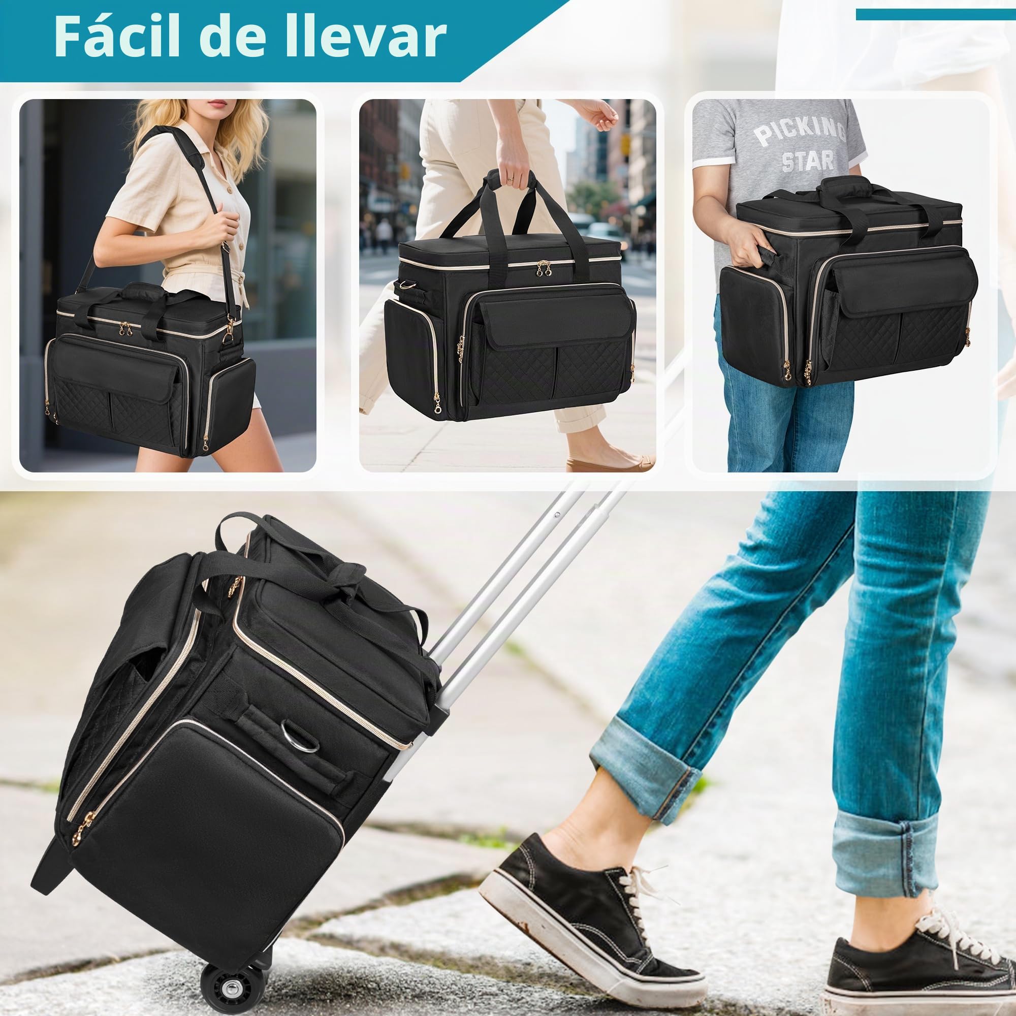 Luxja Bolsa para Máquinas de Coser con Múltiples Bolsillos, Estuche de Máquina de Coser con Ruedas y Correa de Hombro Desmontable (Compatible con Mayoría de Máquinas de Coser Estándar), Negro