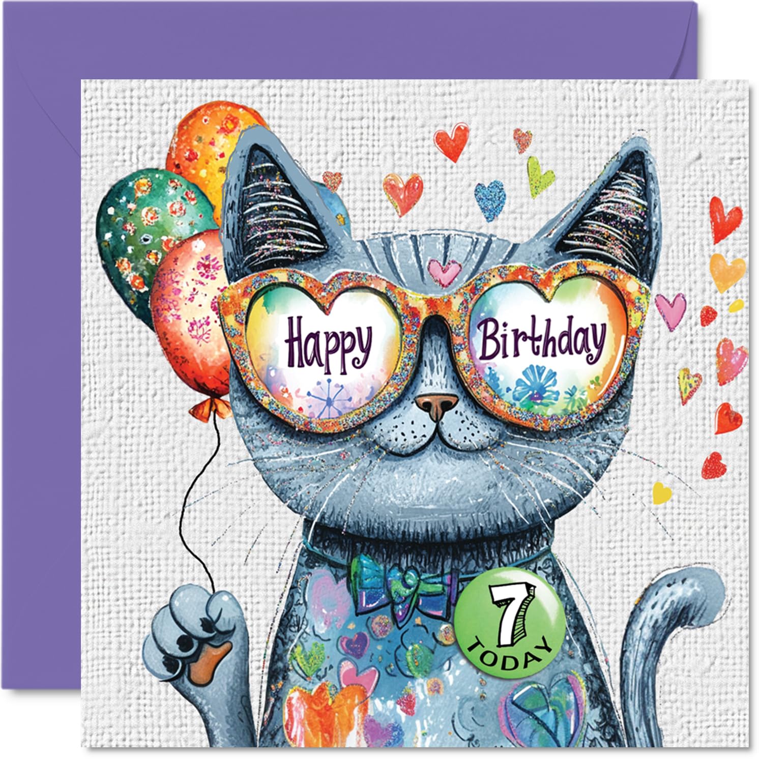 7th Birthday Card Girl, Purrfect Cat Balloons