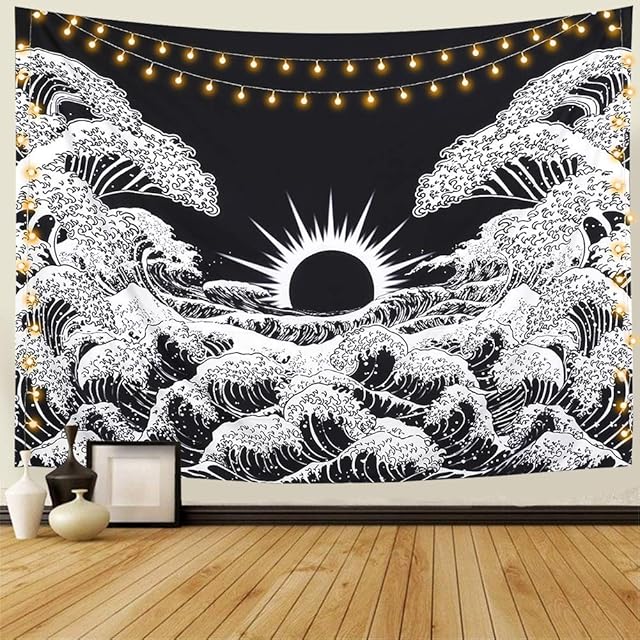 Dremisland Mandala Wall Tapestry Great Wave Kanagawa Tapestry with Sunset Tapestry Black and White Ocean Tapestry Wall Hanging for Living Room Bedroom