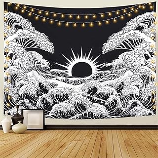 Dremisland Mandala Wall Tapestry Great Wave Kanagawa Tapestry with Sunset Tapestry Black and White Ocean Tapestry Wall Hanging for Living Room Bedroom