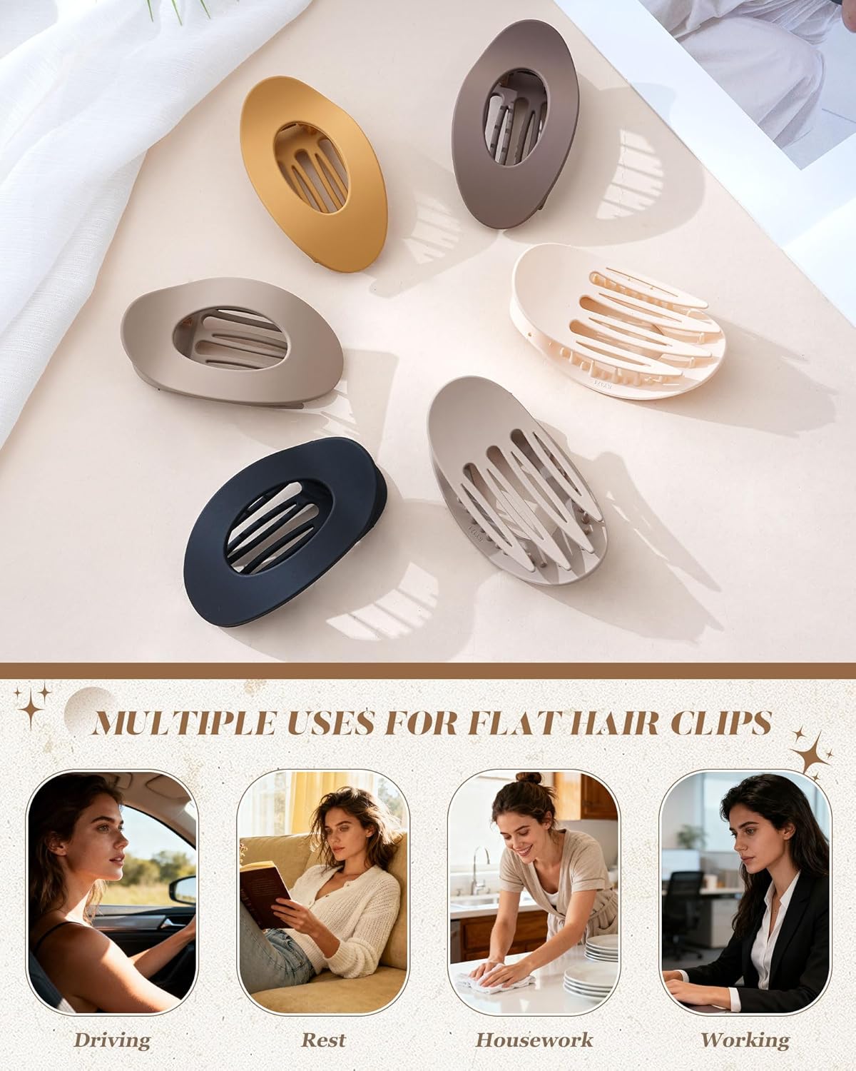 AWAYTR Flat Hair Clips For Women 4.33" Lay Flat Claw Clip for Hair 6Pcs Round Large Hair Claw Clips (Matte - Brown Series) - Image 7