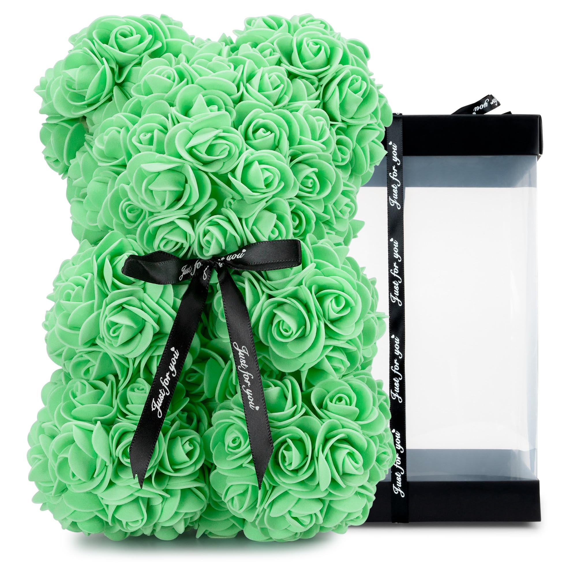 TANNESS 25cm Rose Bear with Transparent Gift Box & Black Ribbon, Rose Petals Teddy Bear Presents for Women, Artificial Flowers Rose Bear Valentines Gifts for Her - Gifts for Girlfriend (Turquoise)