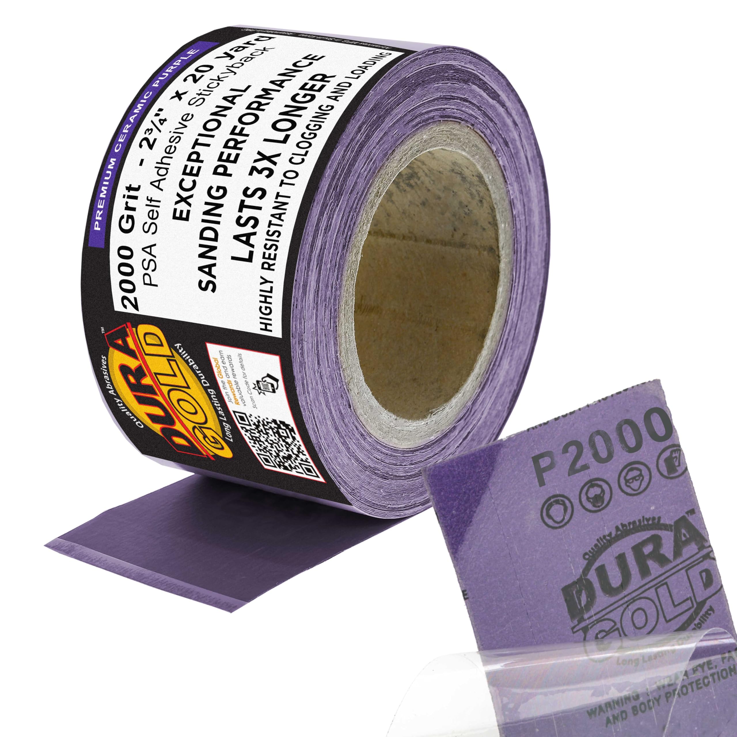 Dura-Gold Premium 2000 Grit PSA Purple Film Ceramic Longboard Sandpaper, 2-3/4" Wide Continuous 20 Yard Roll - Self Adhesive Stickyback for Auto &
