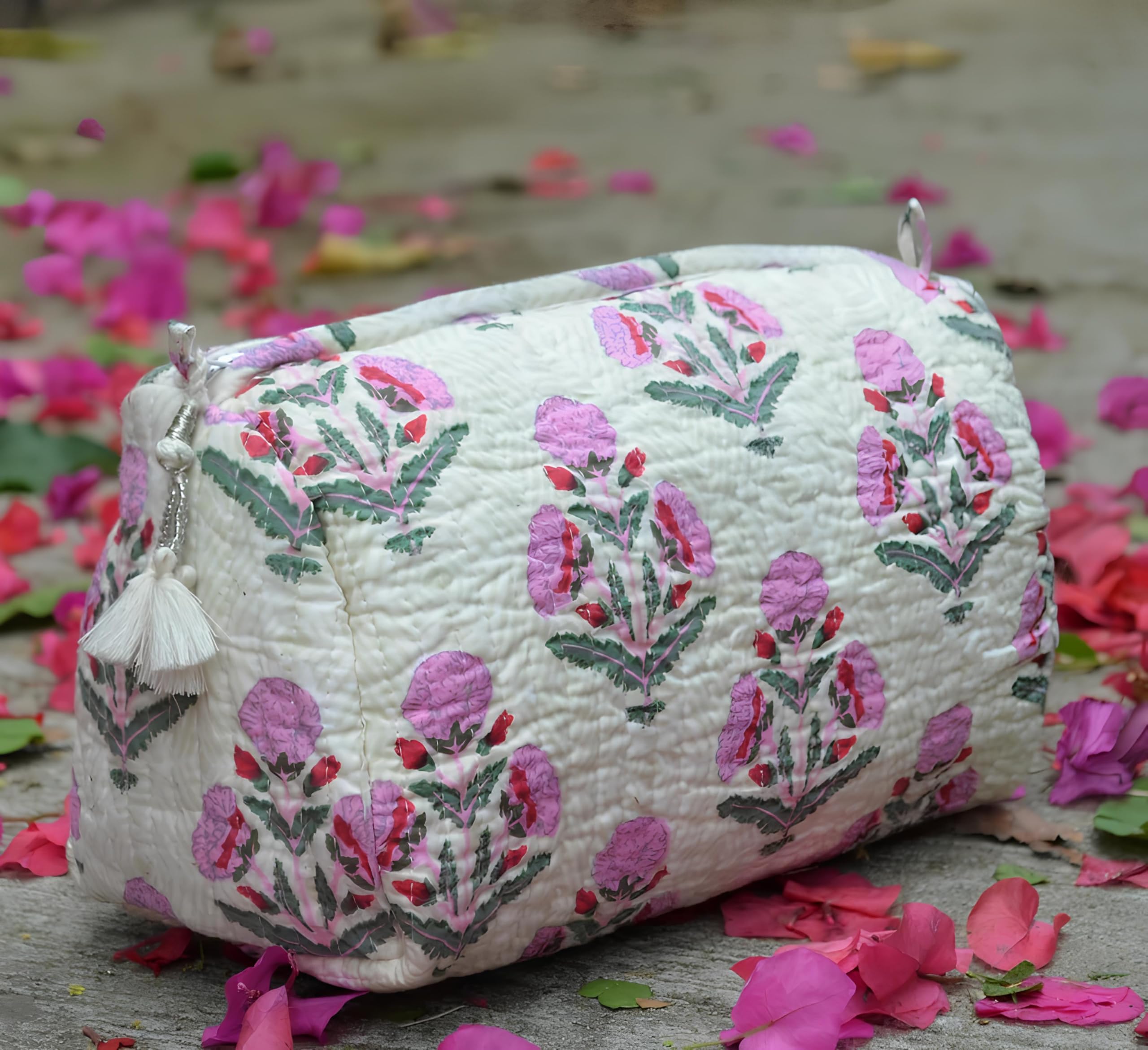 INDACORIFY Borsa per cosmetici trapuntata Borsa per cosmetici impermeabile con stampa a mano Borsa da toilette impermeabile in tessuto di cotone Set di 3 astucci per trucco