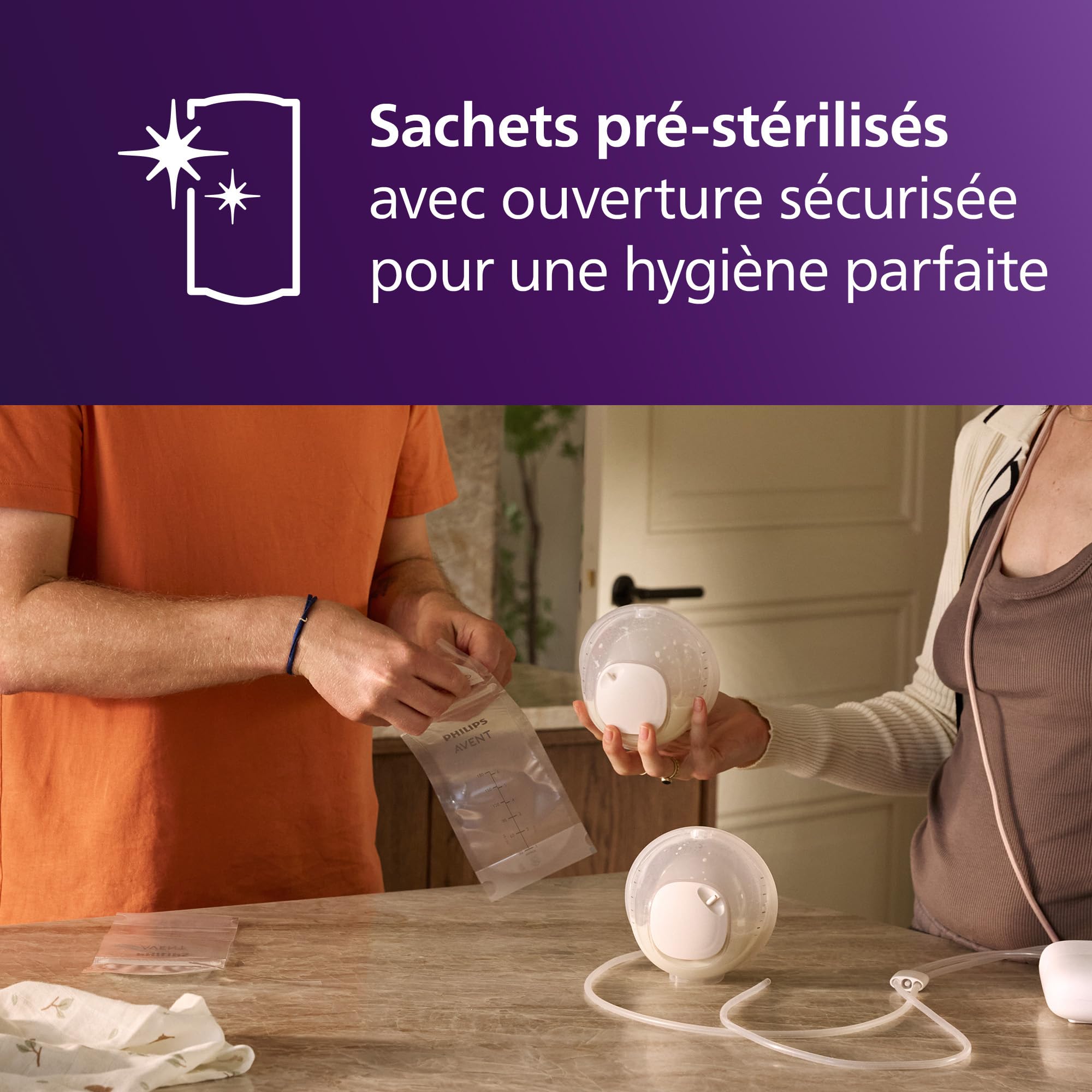 Philips Avent Sachets de conservation pour lait maternel – pré-stérilisés, réfrigérateur et congélateur, sans BPA, anti-fuites, remplissage et stockage faciles, 180 ml, 50 pièces, SCF603/50