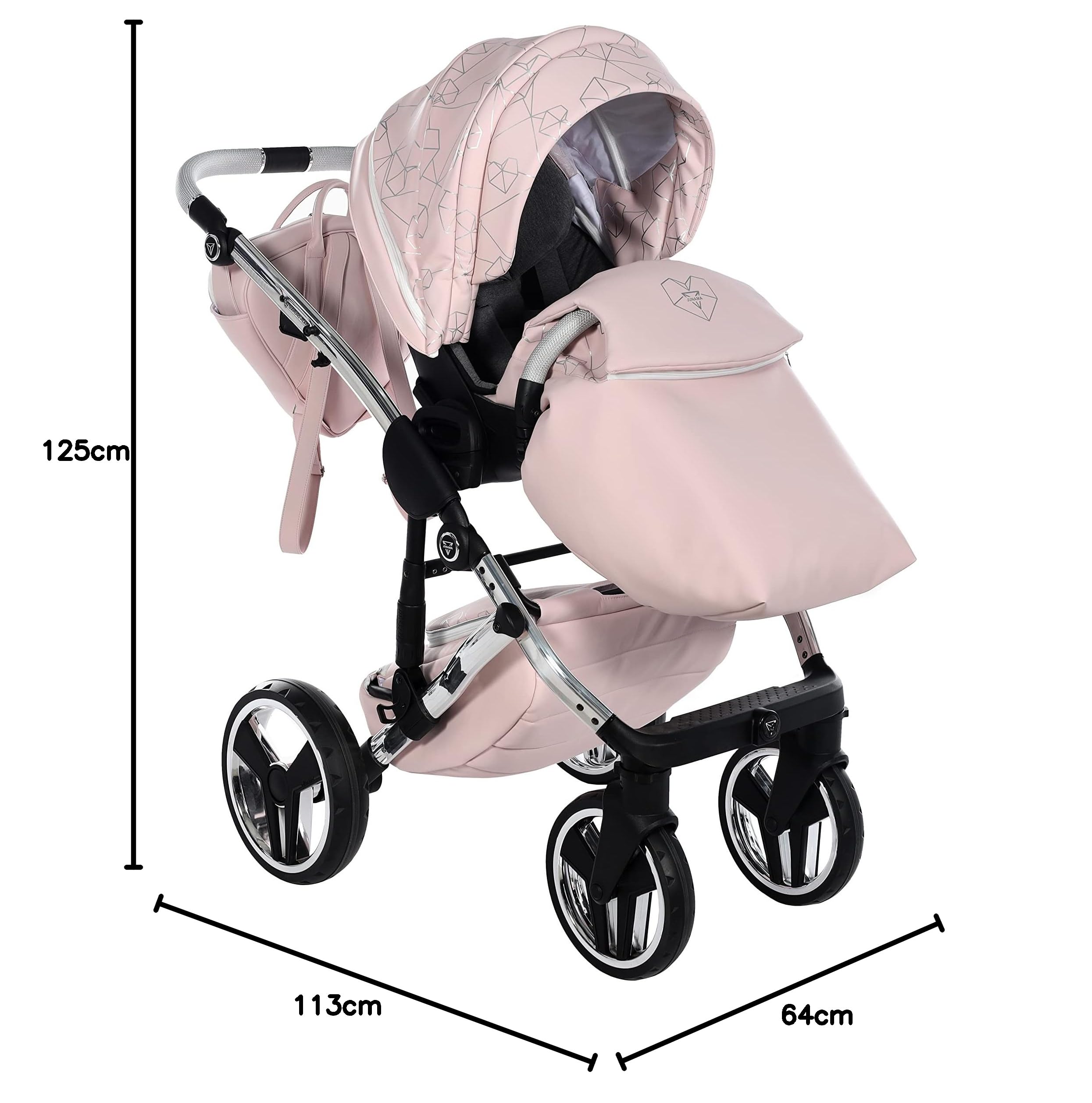 Junama Diamond Heart 06 Rosa y Plateado Cochecito de Bebé 2 en 1, 3 en 1, 4 en 1 + Sombrilla para Carrito (3 en 1 con silla de auto)