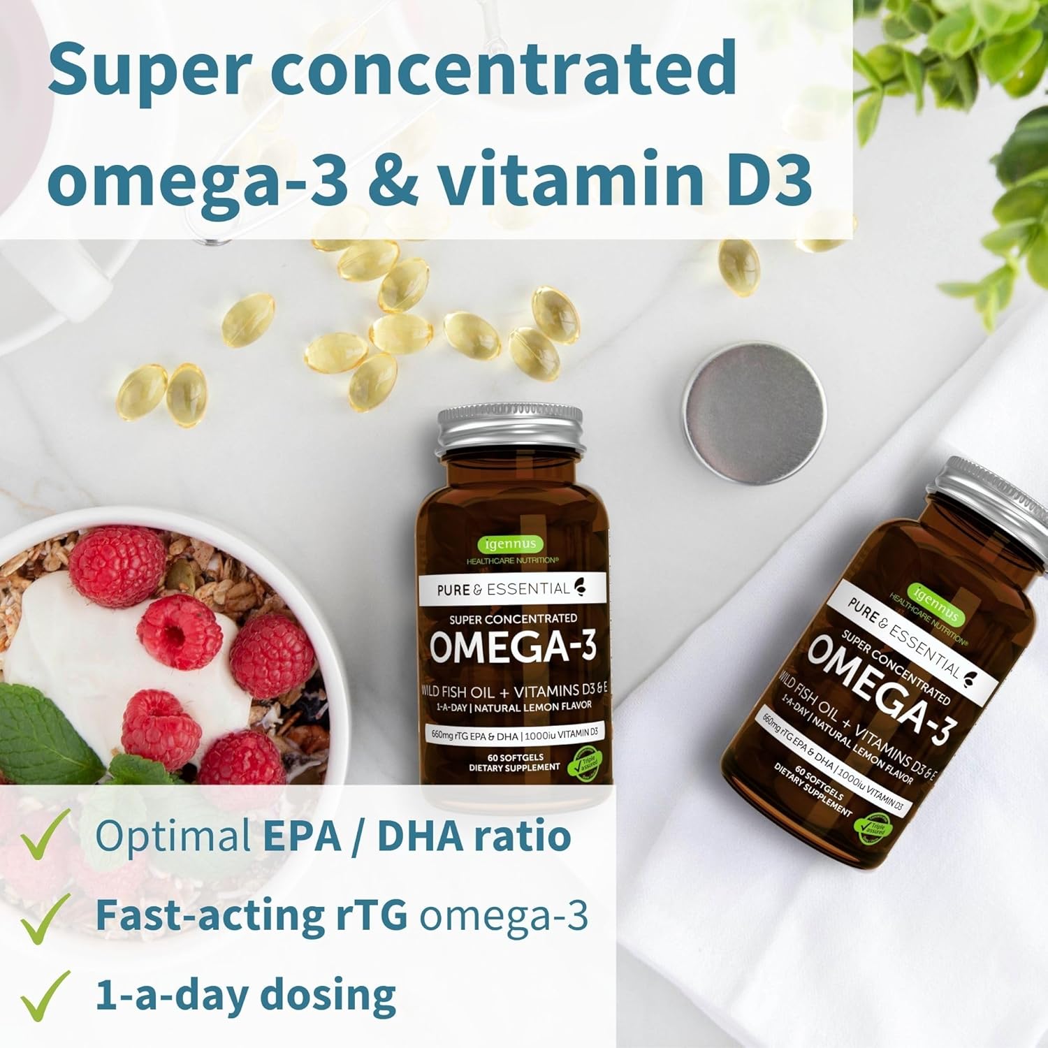 Pure & Essential Omega3 y D3 1000iu, rTG de acción rápida, soporte