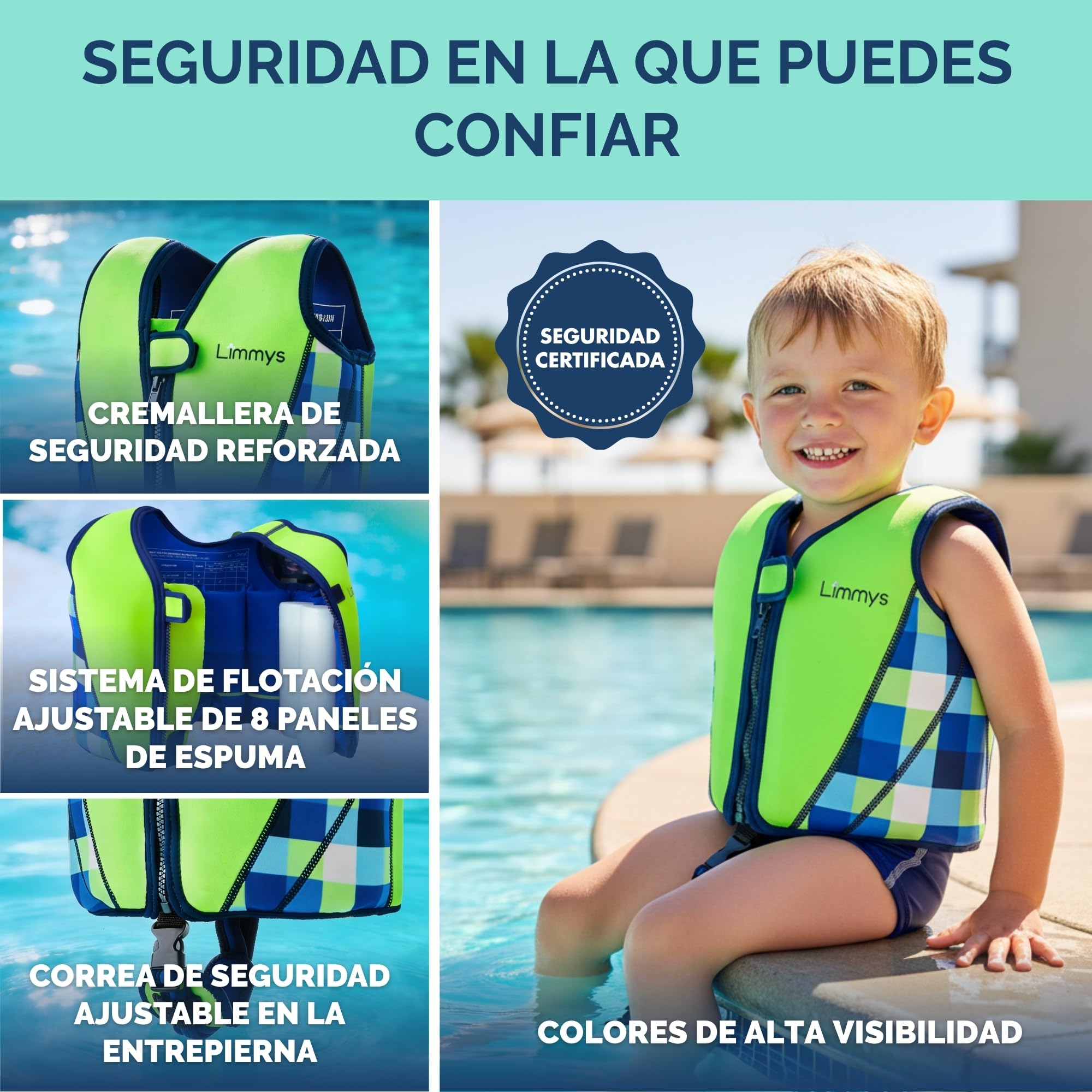 Chaleco de Natación Limmys para Niños – Sistema de Flotación Ajustable de 8 Paneles, Certificado CE, Diseño Premiado, Neopreno Suave, Construcción Resistente, Bolsa de Transporte Incluida