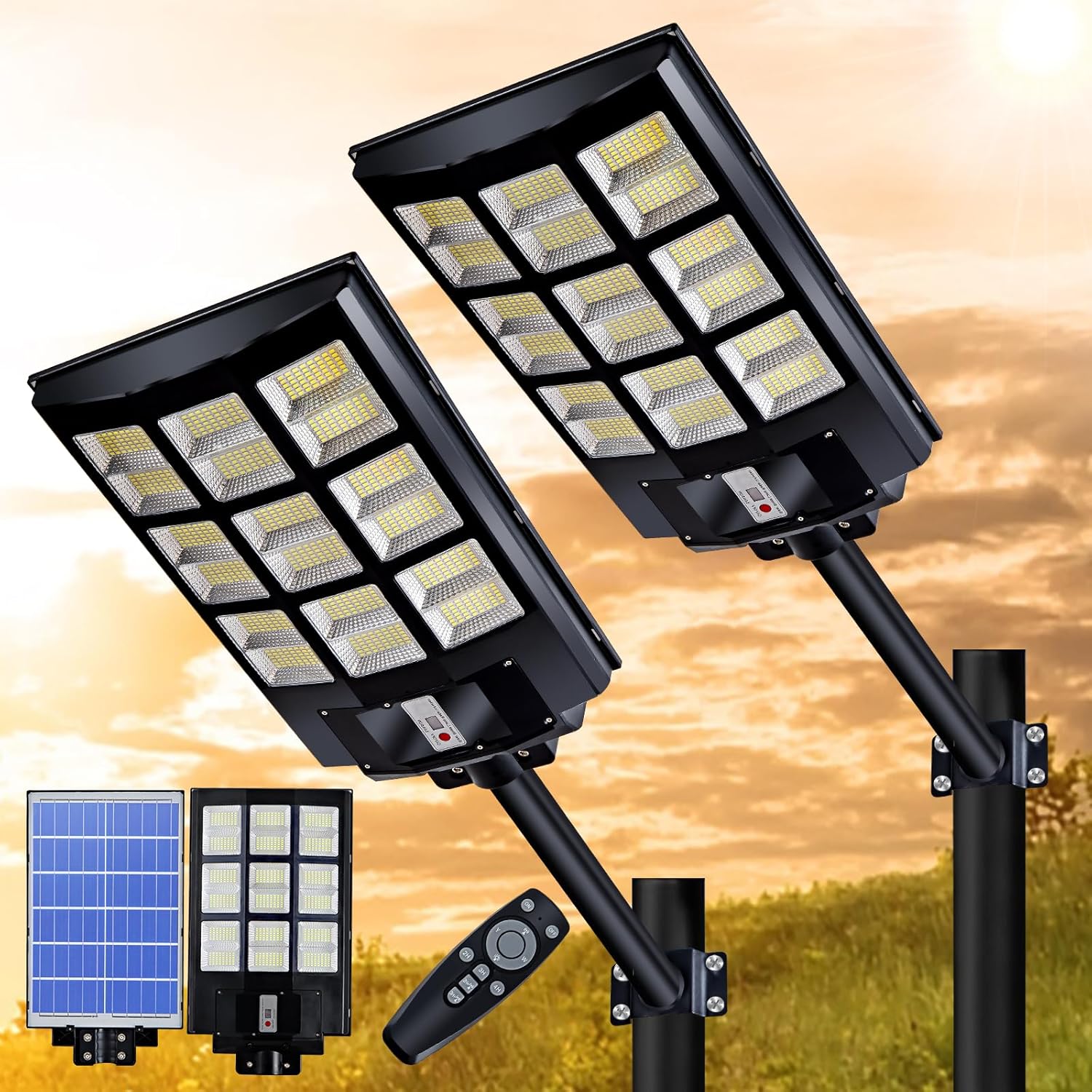 3600W Solar Street Light,864 LEDs 360000LM Solar Commercial Parking Lot Lights Dusk to Dawn with Motion Sensor,Solar Powered Security Flood Light for Yard,Garage,Roadway(2 Pack) 3600W-2Pack