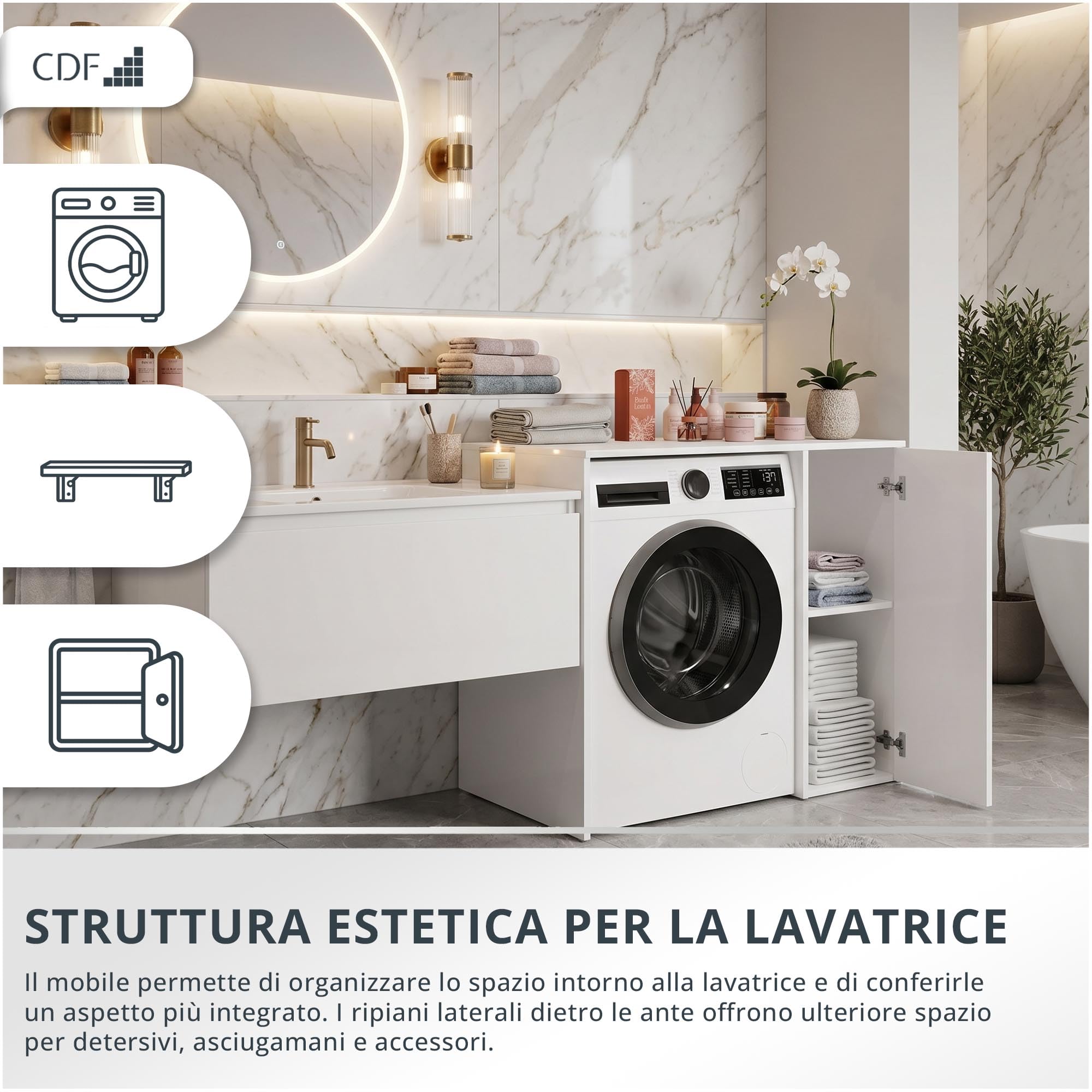 CDF Armadio per Lavatrice 1 Anta 95x88,5x64 cm Bianco con Ripiani Laterali