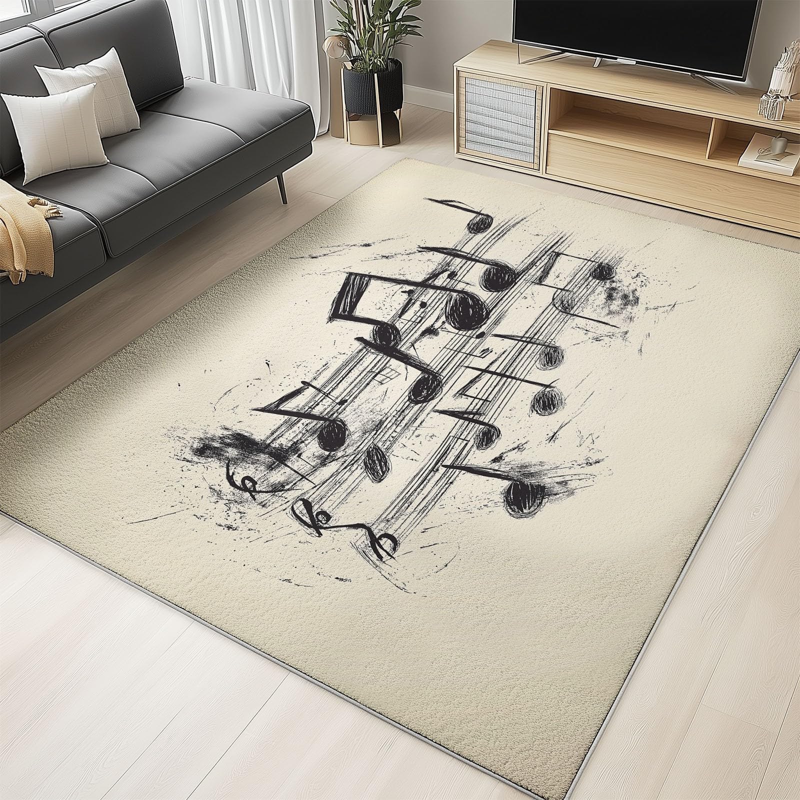 Alfombras suaves y esponjosas de 140 x 200 cm para sala de estar y dormitorio - Alfombra con Notas musicales partitura estilo minimalista antideslizante lavable a máquina alfombra interiorBeige