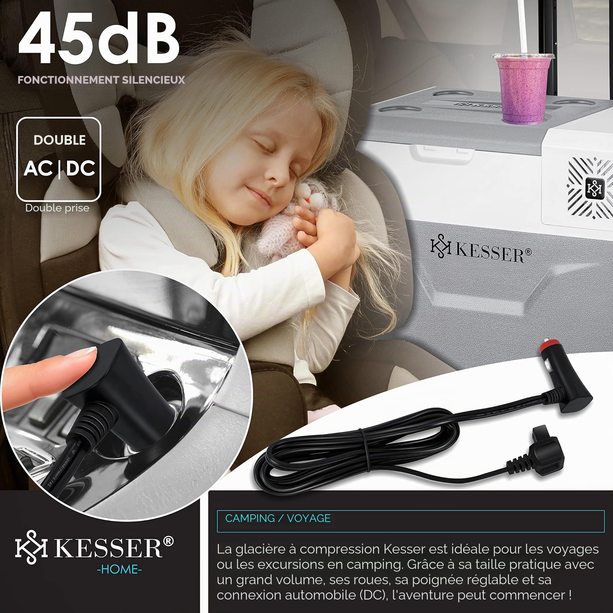 KESSER® 50 litres Glacière à compresseur électrique Glacière de congélation, avec Commande APP Raccordement USB, Réfrigérateur jusqu'à -20° pour Voiture, Camion, Bateau, Camping-Car