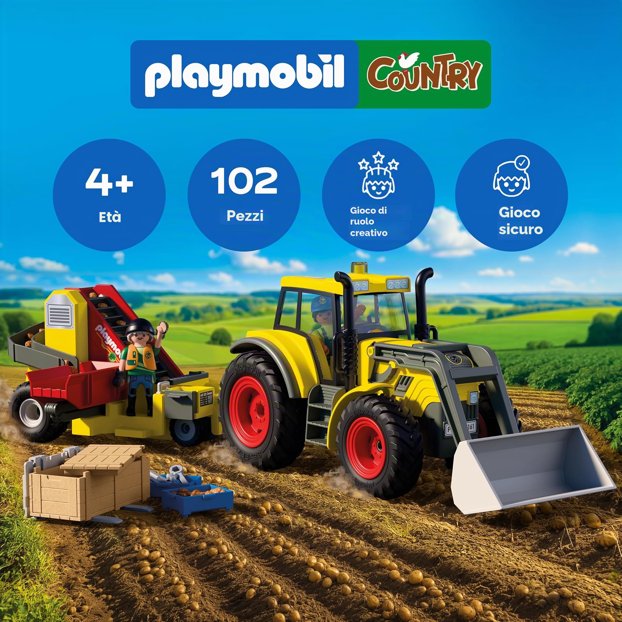 PLAYMOBIL | Country | Grande trattore con scavapatate | Set di macchine agricole con caricatore frontale, funzione di selezione e molti accessori | Per bambini da 4 anni | 72161