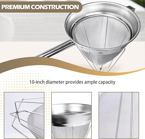 Miniatura 3 de Colador de caldo de acero inoxidable, malla fina cónica de 10 pulgadas, resistente con anillo de soporte