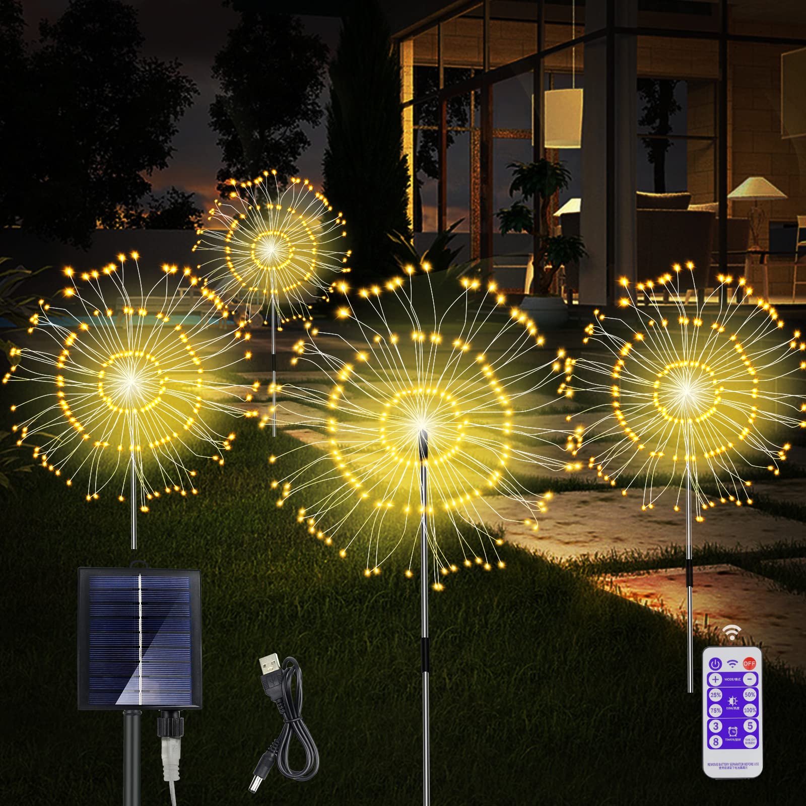 Solar Garden Lights Solar Firework Lights 4 Pack 480 LEDs with 8 Modes Solar Outdoor Lights Waterproof DIY Landscape Lights with 2 Charging methods for Garden Patio Pathway Party Decor (Warm White)