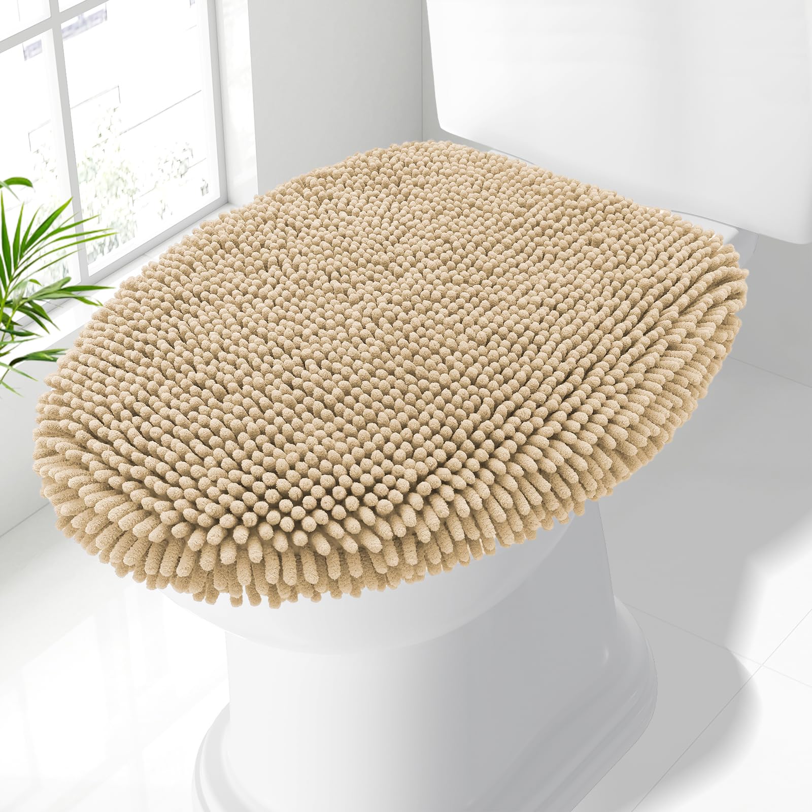 Smiry Soft Chenille Bathroom Toilet Lid Cover 17.5x15, Camel