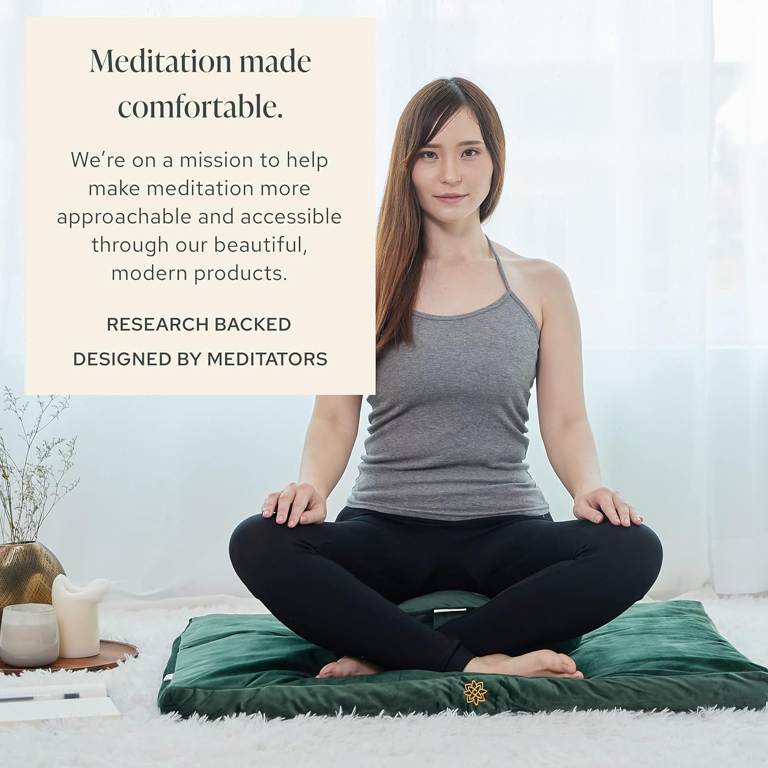 Mindful & Modern Meditation Cushion and Zabuton Meditation Mat Bundle - Premium Luxury Velvet Meditation Cushion Set for Yoga - Buckwheat Zafu Floor Pillow and Rectangular Mat - Emerald Green Color