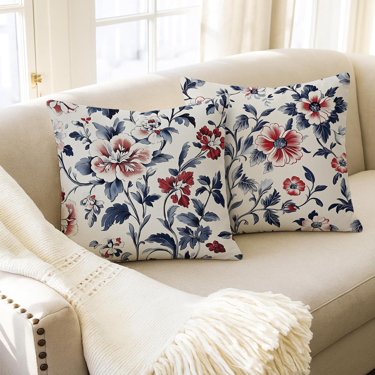 Vintage Red and Blue Floral Pillow Covers 18x18 Set of 2, Elegant Classical Art Deco Flower Botanical Decorative Throw Pillow Covers for Home Bedroom Living Room, Double-Sided - Image 5