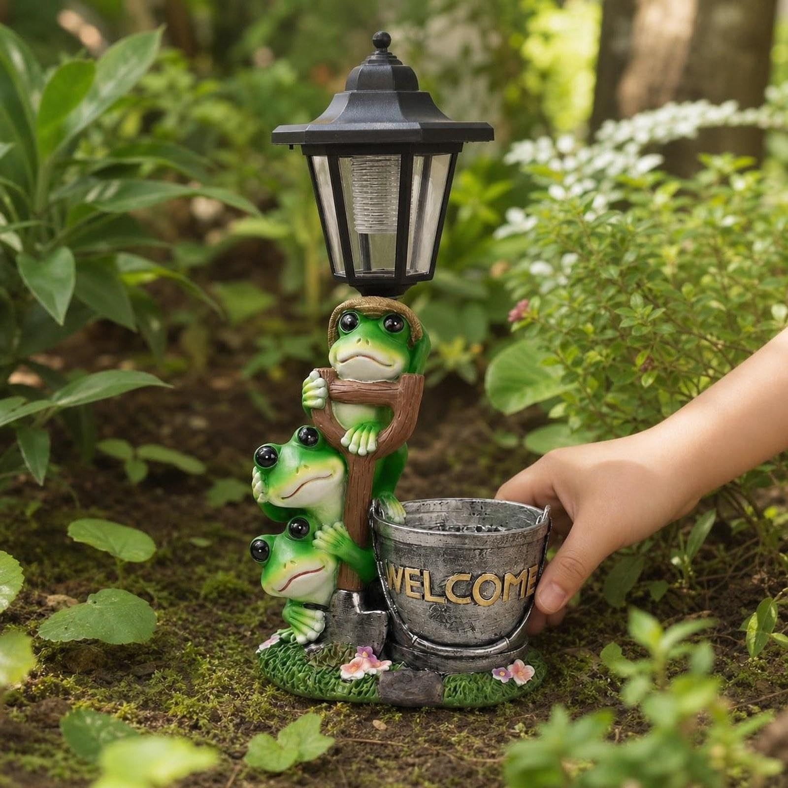 Milageto Estatua Rana Solar para Exteriores, decoración jardín con luz Solar para Exteriores, Manualidades decoración del hogar, Adorno Moderno, 16x10x35cm