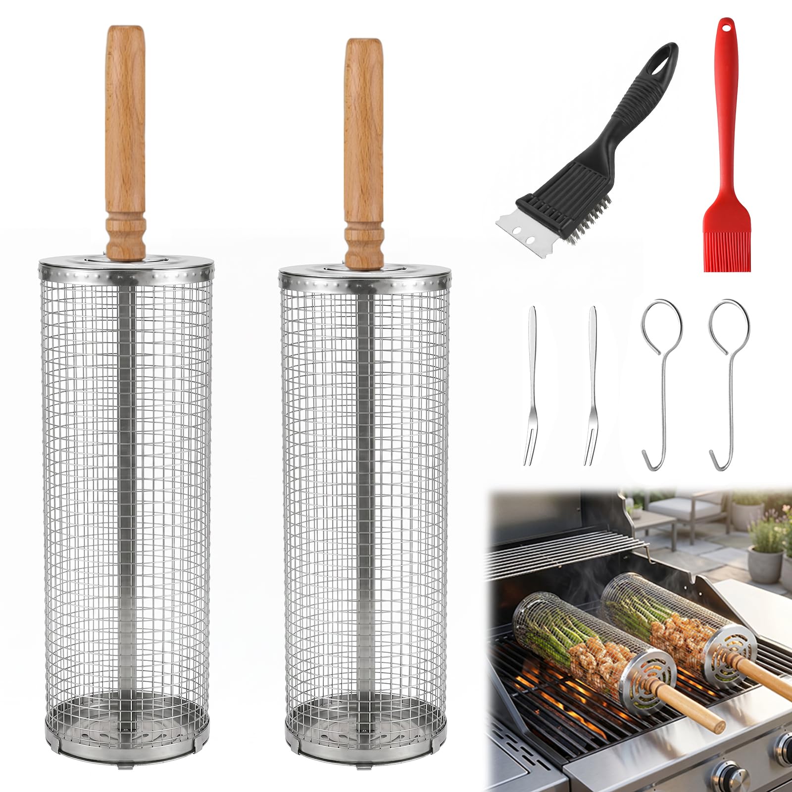 Panier à Barbecue Roulant, Paquet de 2 Paniers à Grillades Enroulable avec Poignée Détachable et Brosse Panier Grille Barbecue Emboîtables pour Légumes, Viande, Poisson Cadeau Hommes