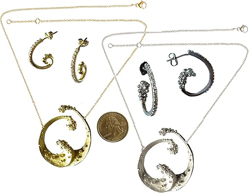 Ocean Wave Jewelry collares de 2 tamaños, pendientes de 3 tamaños. Oro de 18 quilates, oro de 14 quilates o plata esterlina con diamantes. Joyas