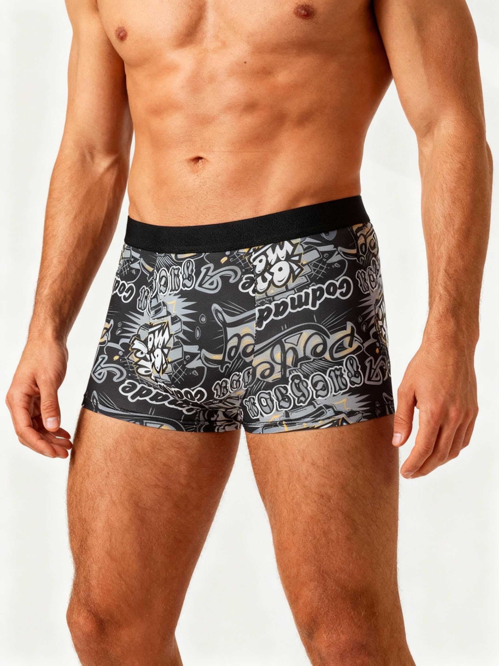 Mens Fashionable Underwear Boxer Briefs Trendy Graffiti Print Underwear Soft Comfortable and Breathable Casual Swimwear Birthday Fun Gift