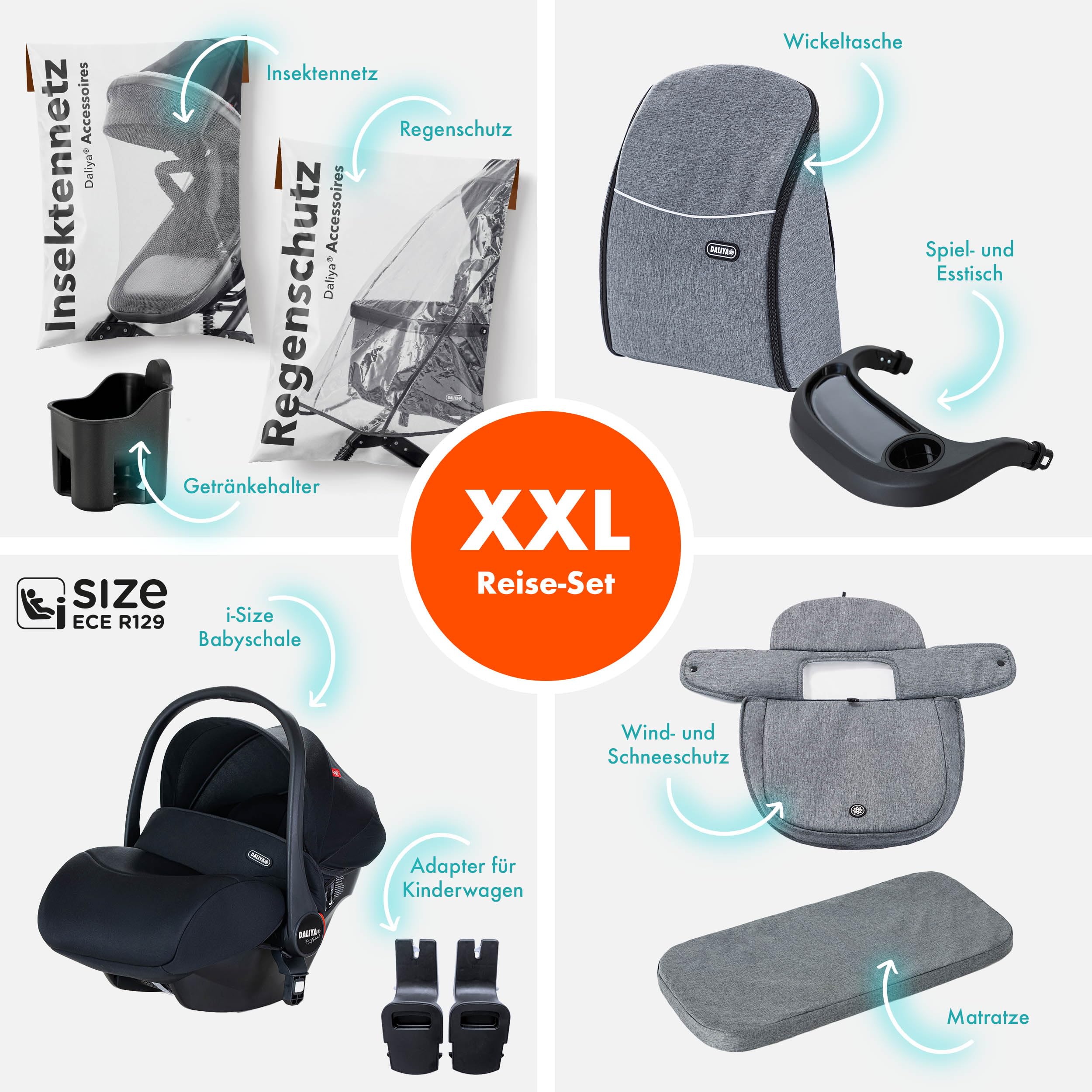Daliya BAMBIMO 3in1 Kinderwagen & Buggy Set mit i-Size Babyschale ECE R129 Kombikinderwagen ab Geburt bis 22 kg pannensichere Räder Federung höhenverstellbar Dunkelgrau Rahmen Schwarz
