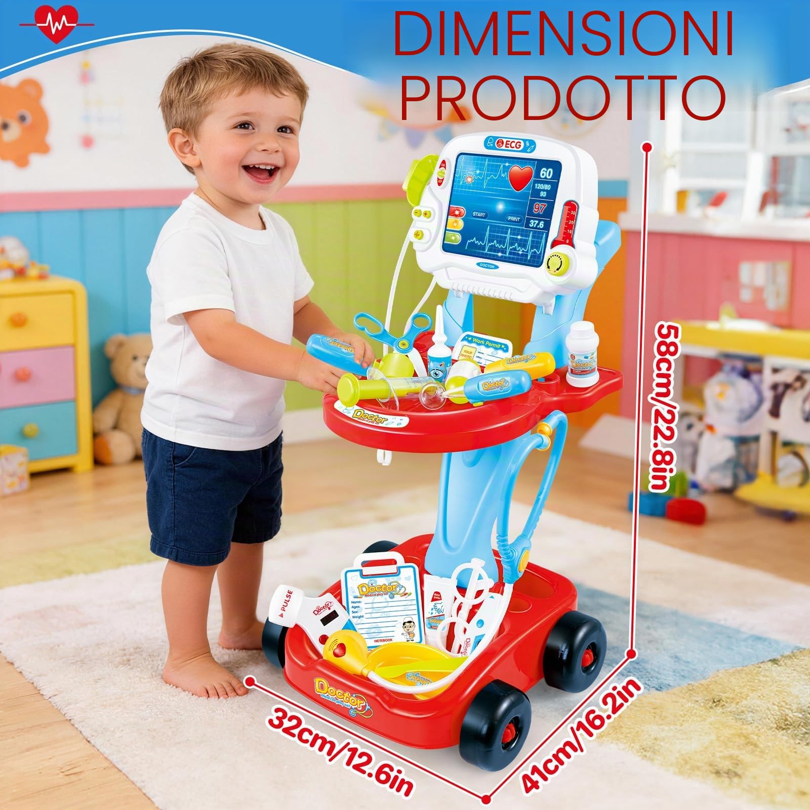 deAO Carrello da Dottore con Suoni e Luci, Kit Medico Giocattolo Dottore con Stetoscopio Siringa Termometro Pulsometro, Dottore Infermiere Medico Carrello per Ragazzi Ragazze Compleanno Natale Regalo
