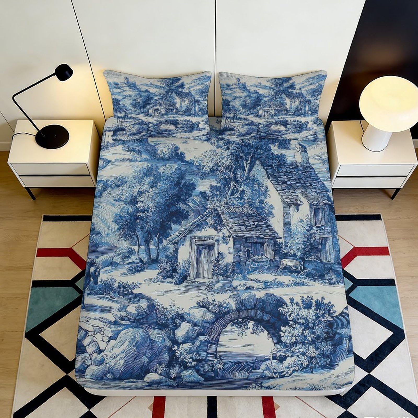 3D Printed Blue Countryside Landscape Fitted Sheet Microfiber Soft Mattress Cover for Bedroom Dorm Mattress Protection Decor 160x200x25cm