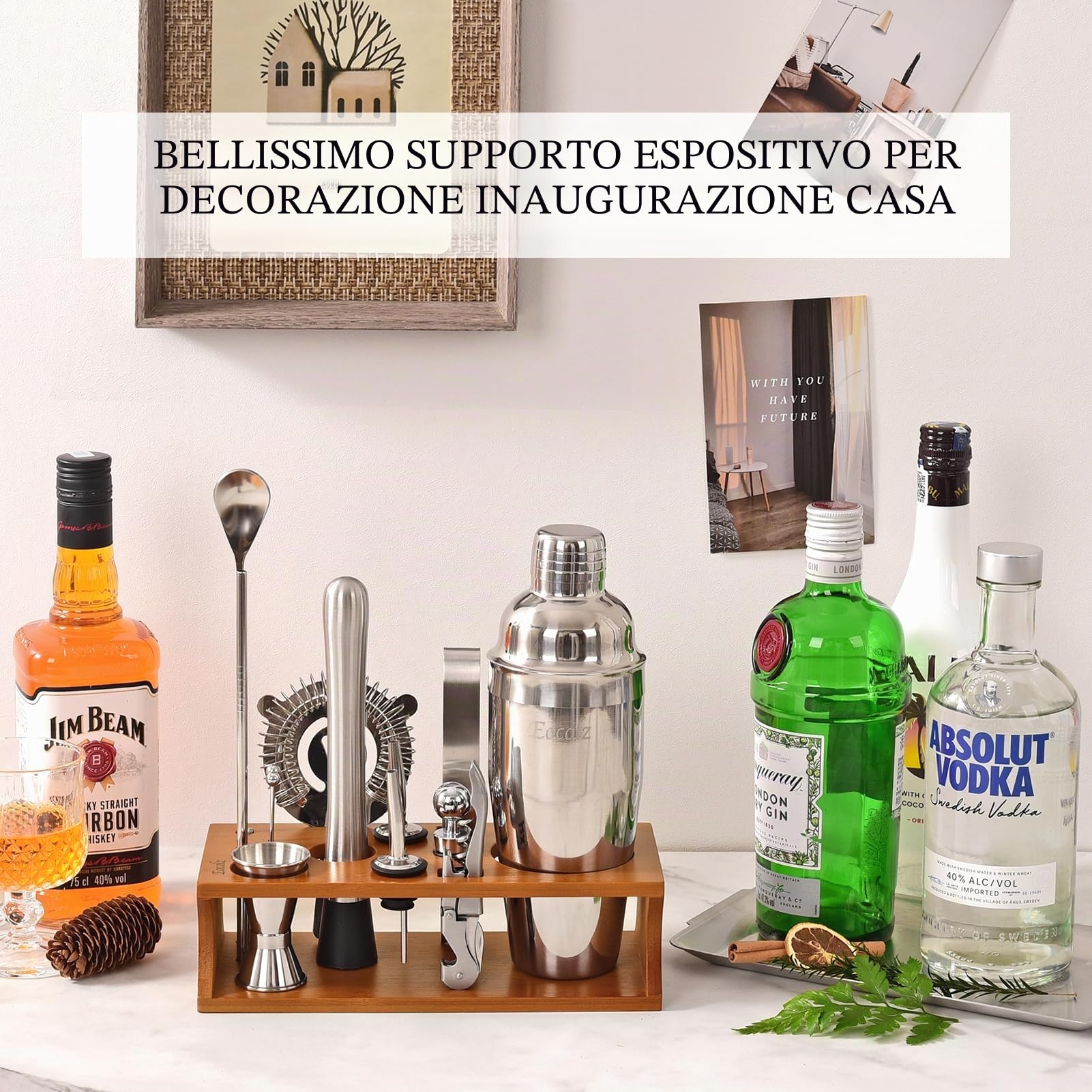Set per la preparazione di cocktail, shaker da 750 ml, in acciaio inossidabile, kit da barista con espositore in bambù, per casa e bar (crostini argentati, 17 pezzi)