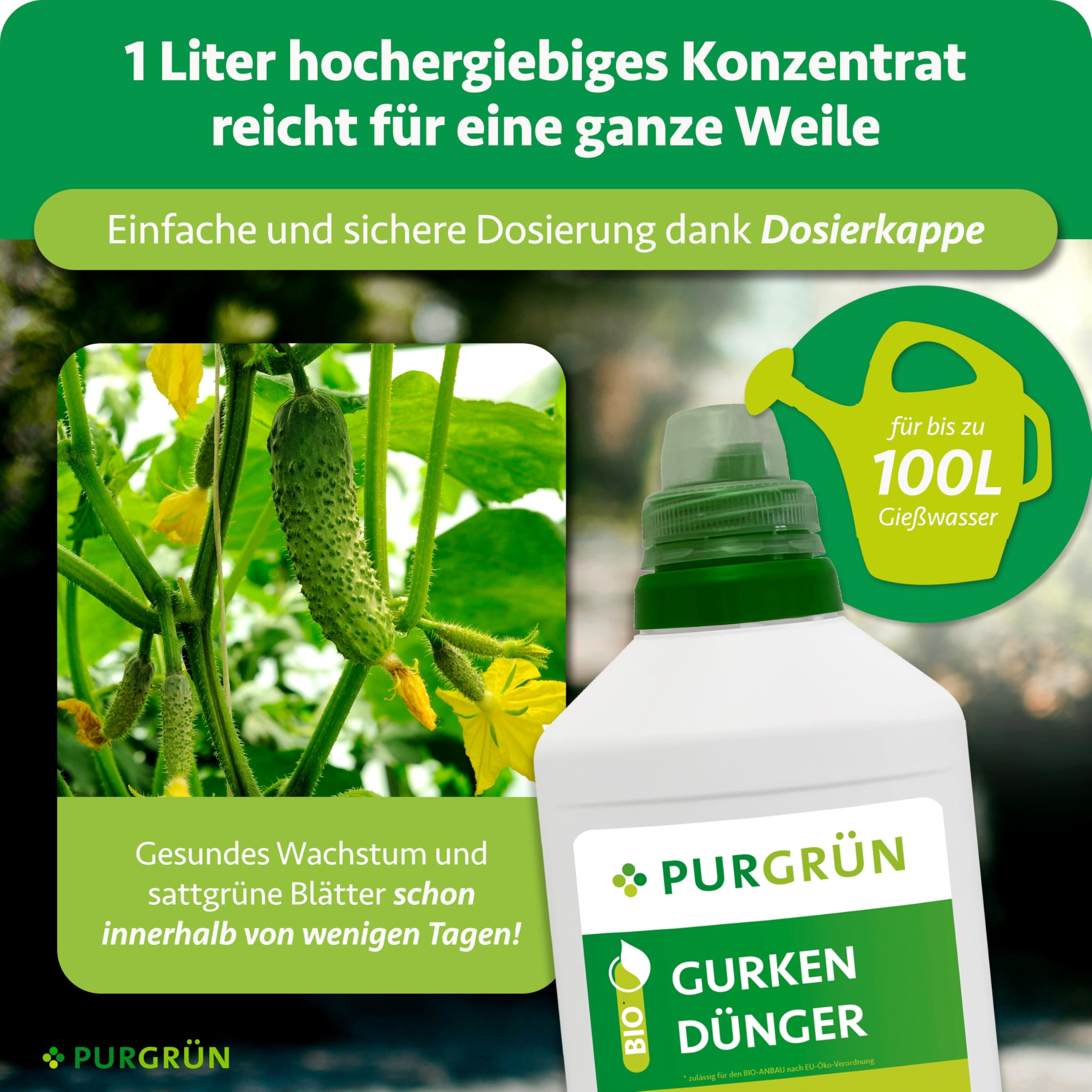 Bio-Gurkendünger 1 Liter – Organische Rezeptur – Premium-Flüssigdünger – NPK 3+2+6 – Extra Kalium für prächtige Gurken – Ohne tierische Inhaltsstoffe – Gemüsedünger für 100 Liter Wasser