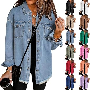 Womens Oversized Denim Jacket Casual Long Boyfriend Button Down Distressed Jean Jacket Fall Shacket Jacket