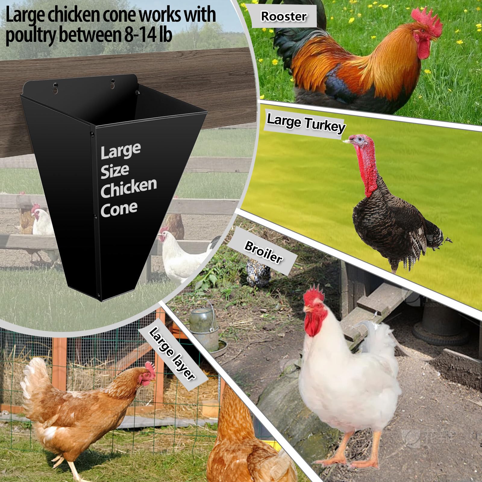 Paquete De 3 Conos Retención Pollo Gran Tamaño Para Aves Corral, Acero Galvanizado Corral Cornish Cross, Rhode Island, Pavo, Asador Hasta 14 Libras, Cono, Rojo