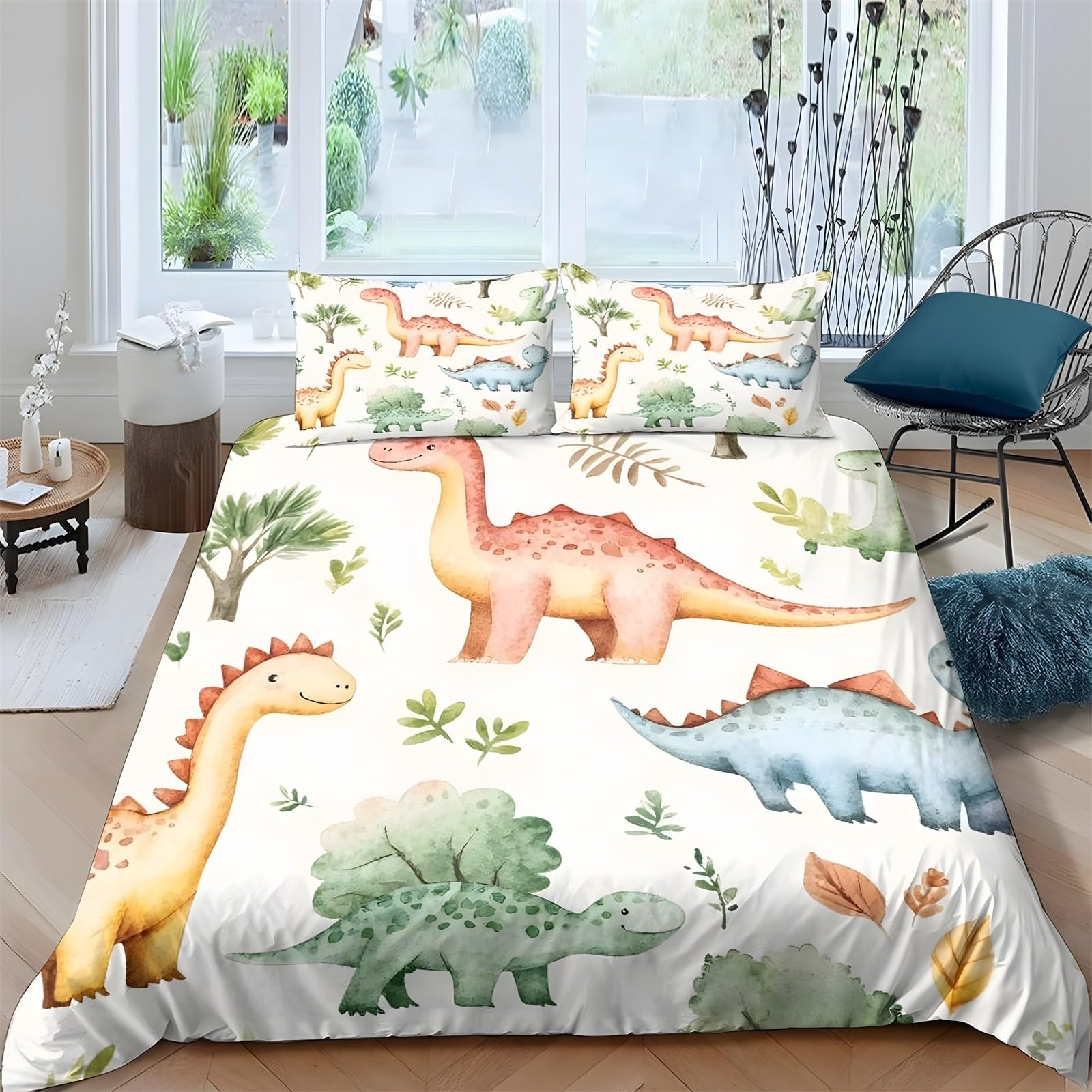 Ypthriline Single Duvet Cover Set Dinosaur Bedding Set Microfiber Orange Duvet Covers with Pillowcases Reversible Bedding With Zipper Closure 135x200CM