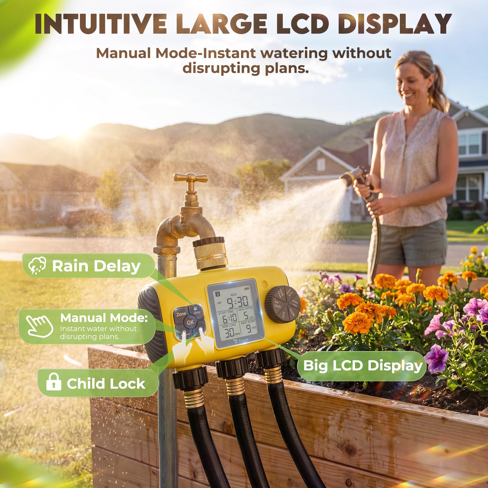 Computer per Irrigazione a 3 Uscite con Display LCD | Timer Programmabile con Controllo Indipendente, Ritardo Pioggia, Impermeabilità IP65 per Giardino, Terrazzo e Prato