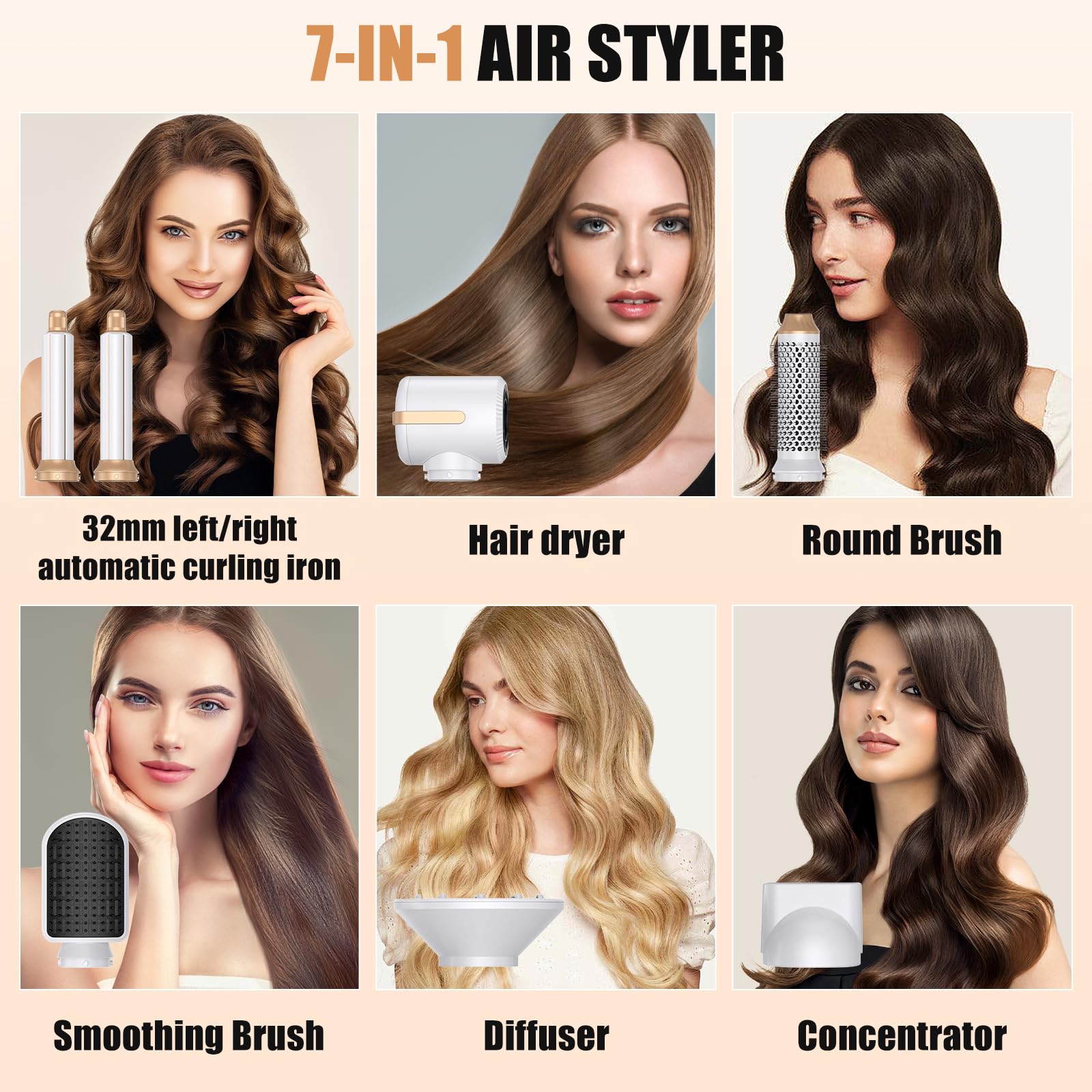 Brosse Soufflante 7 en 1, Air Styler avec Soufflantes, Diffuseur, Buse de Coiffage, Sèche-Cheveux à Ions Négatifs Haute Vitesse, Boucleur a Air, Hair Styler Set pour Sécher Boucler Lisser