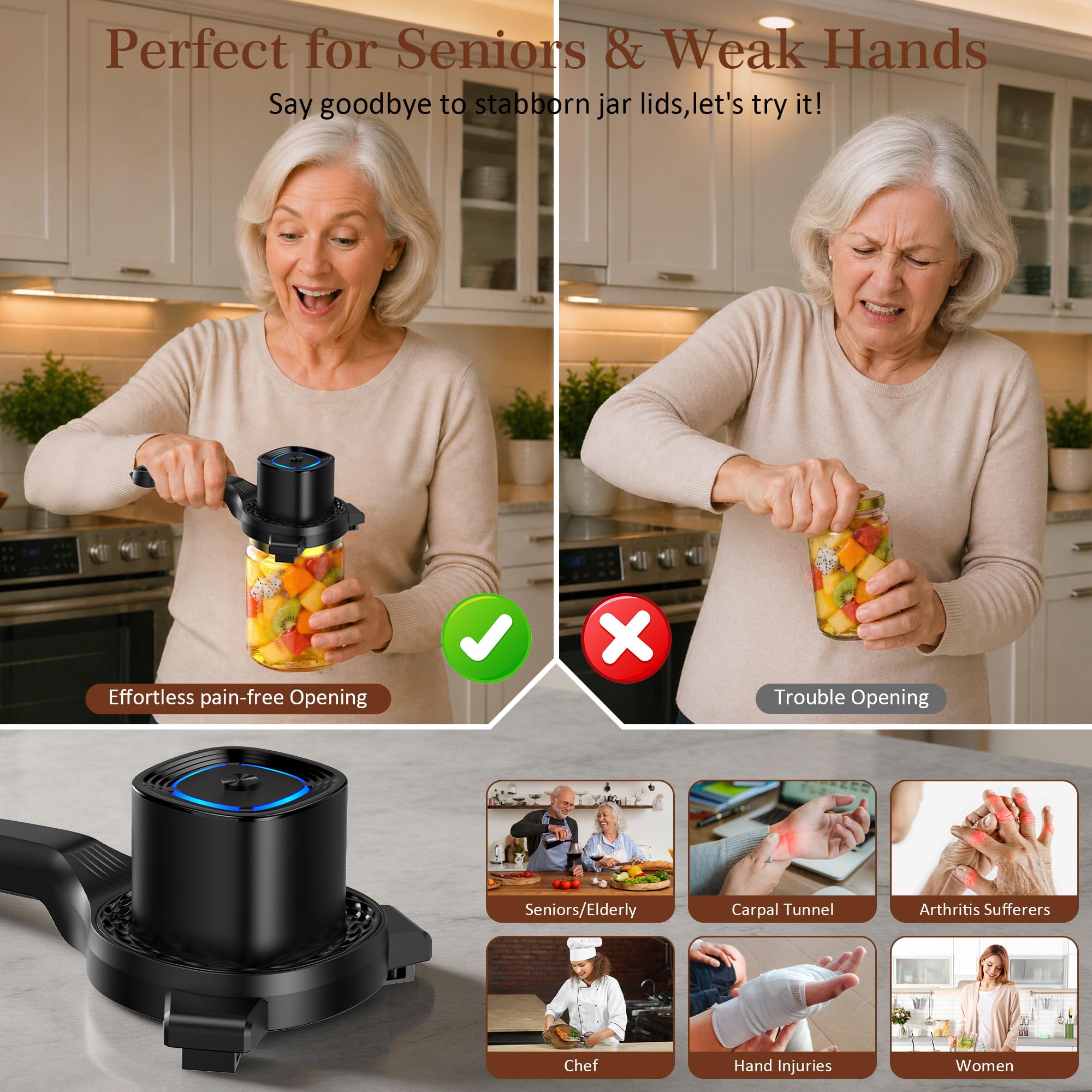 Ouvre-Boîte électrique, Ouvre-Boîte de Conserve Automatique à Une Touche, Rechargeable Ouvre-Bocal électrique, Ustensile de Cuisine pour Seniors, Arthrite & Faiblesse des Mains (Noir)