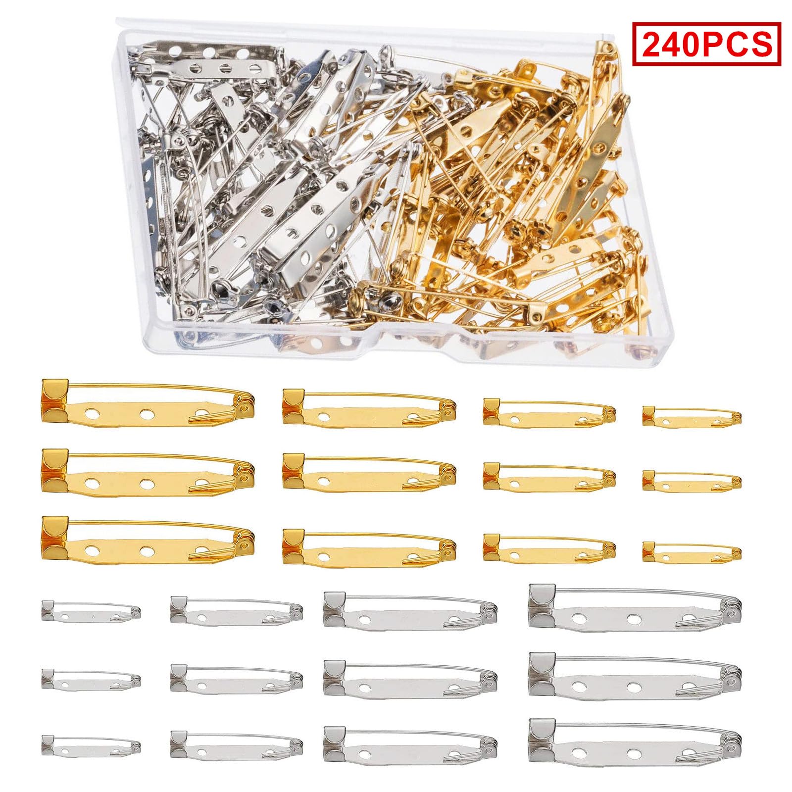 240 Pezzi Spille da Balia,spille per badge,20/25/30/35mm Spille Metalliche,Spille per bricolage,Pins di Sicurezza per Gioielli e Artigianato,per Chiusura Posteriore Sicura