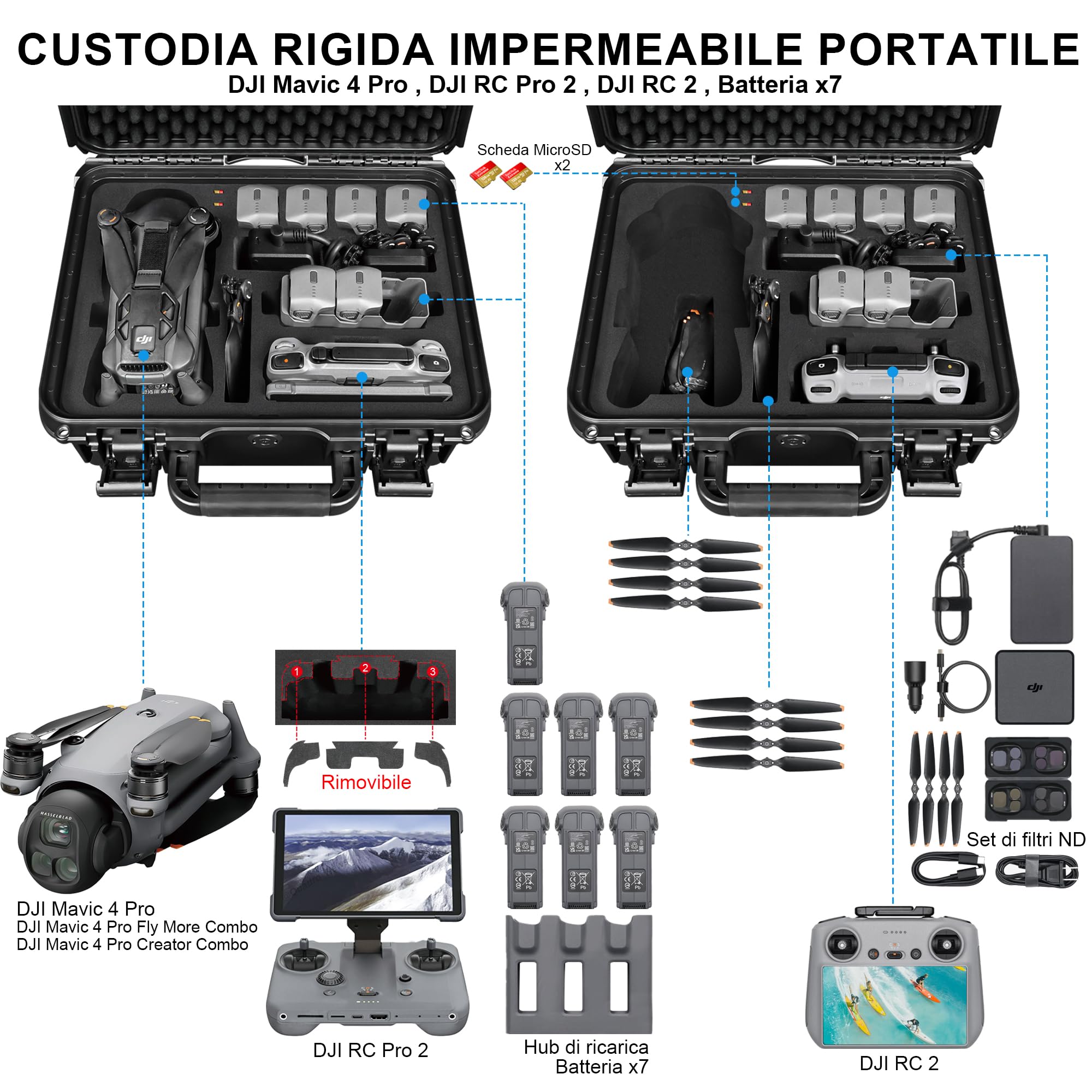 Custodia rigida impermeabile DJI Mavic 4 Pro, Creator Combo, Fly More Combo, DJI RC Pro 2/RC 2, 7 batterie, hub ricarica, accessori