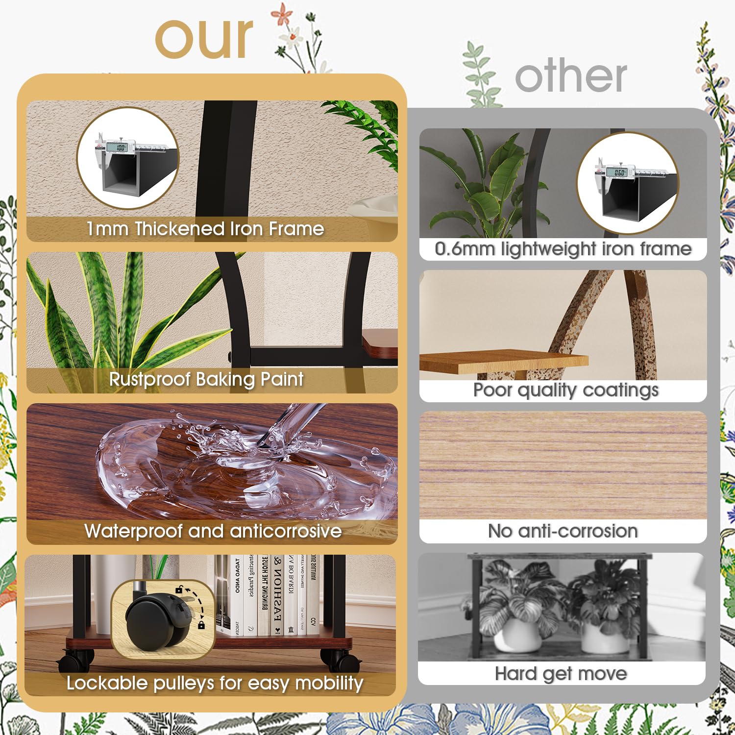 Pflanzenständer mit Vollspektrum-Pflanzenlicht - 8 Ebenen Blumenregal 155cm aus Metall & Holz - Dekorativer Blumentreppe für Innen & Außen, Balkon und Garten (mit Rollen)