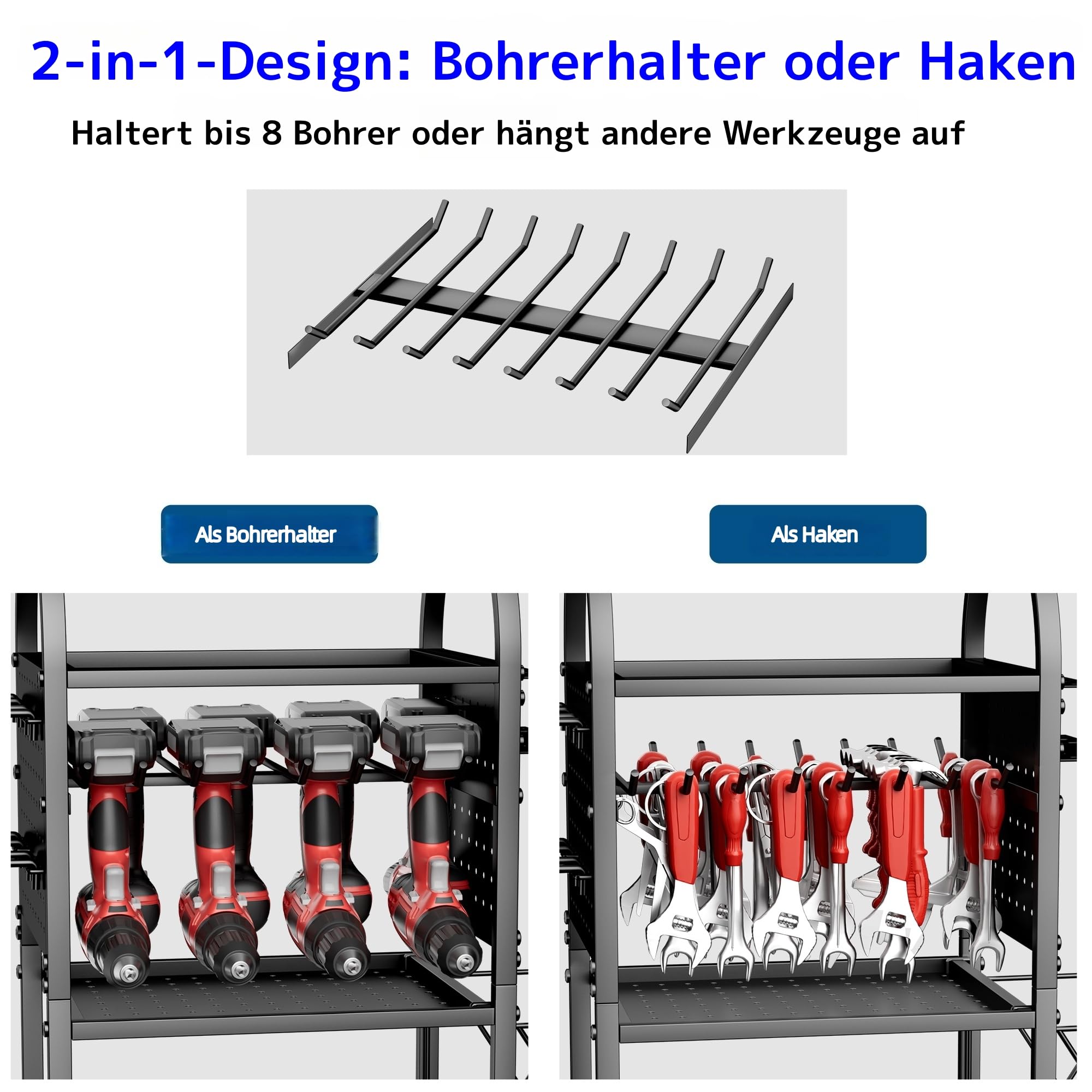 Werkzeugwagen mit Rädern, 4-stufiges Werkzeugregal für hohe Belastbarkeit (250 kg), mit 8 Akku-Bohrerhaltern und seitlicher Stecktafel, Metall-Mehrzweckregal für Zuhause, Garage, Lager, groß mit Schub