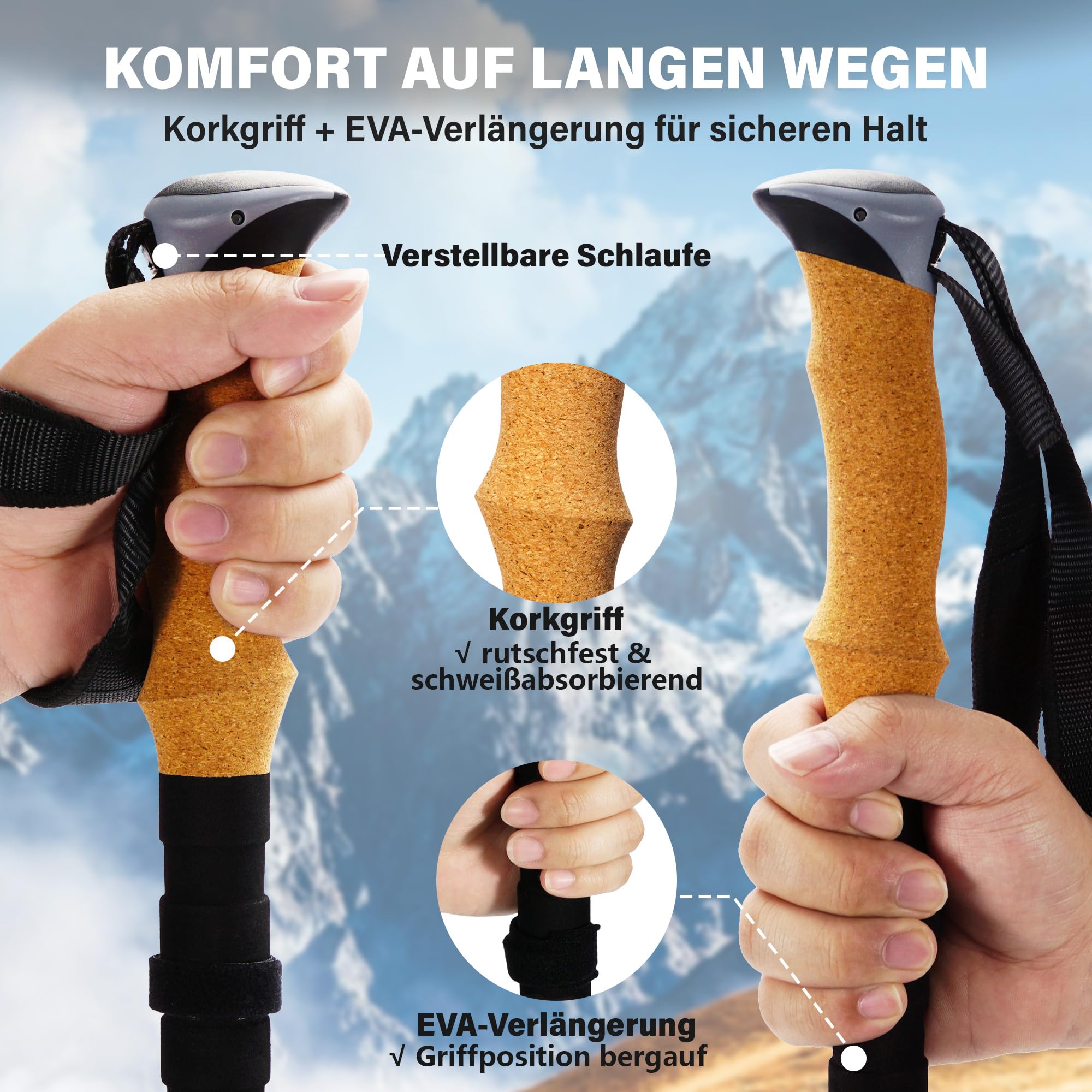 Wanderstöcke faltbar 2er Set, 35 cm, 3K Carbon-Alu | 35 cm Faltmaß; 110–135 cm; 3K Carbon + 7050 Alu; Kork + EVA; Grau für Trekking & Bergwege