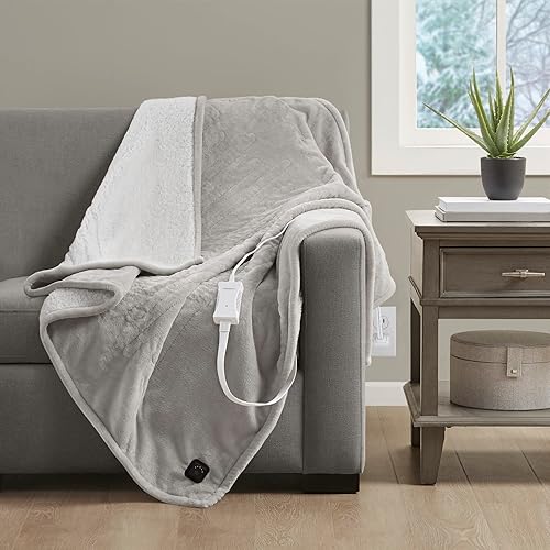 Beautyrest Manta eléctrica reversible de felpa a sherpa, controlador de botón suave integrado, apagado automático, ajuste de calor múltiple,