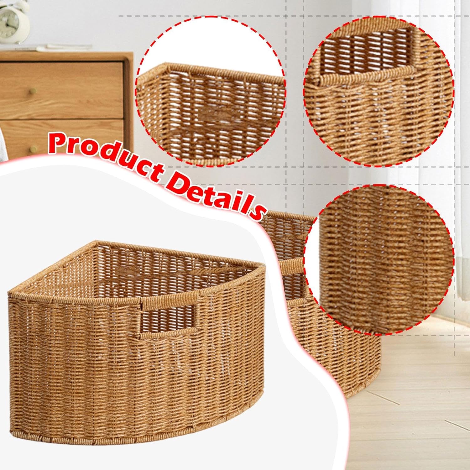Corner Storage Basket, Sturdy Woven Organizer with Handle, Sturdy Triangle Storage Box for Magazine Newspaper Towel Home Bedroom Living Room Office (Middle Handle Small)