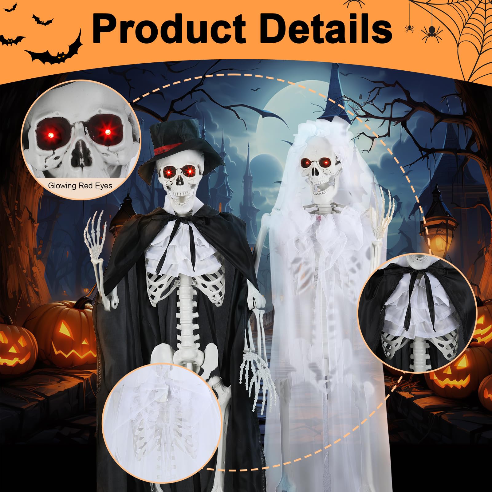 Szkielety halloweenowe naturalnej wielkości możliwy szkielet para panna młoda pan młody nawiedzony dom rekwizyt ruchome stawy świecące oczy efekty dźwiękowe wewnątrz na zewnątrz podwórko dekoracje