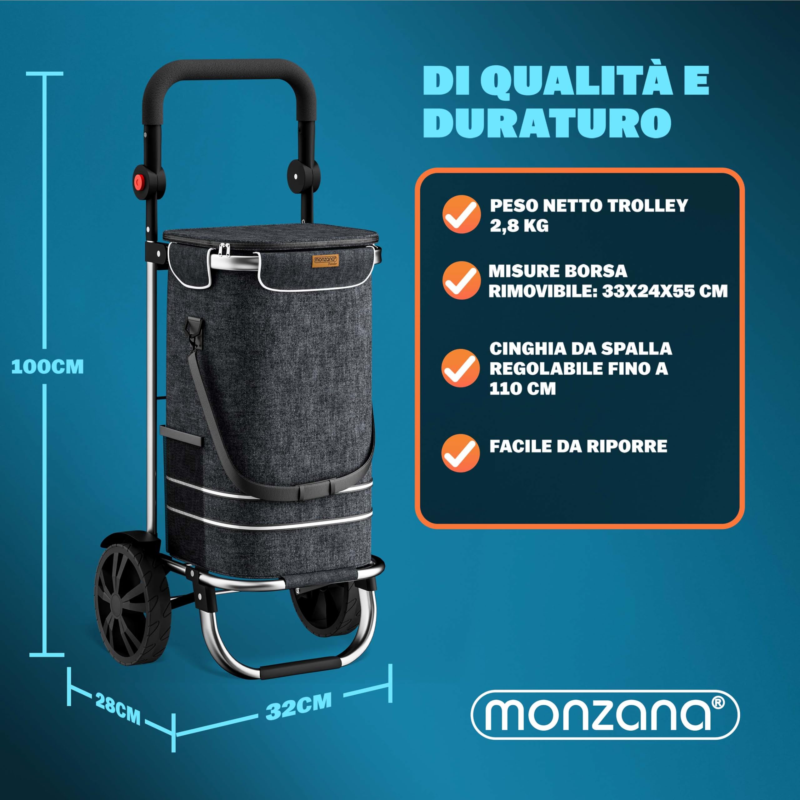 MONZANA Carrello della Spesa 3in1 56L fino a 50 kg Borsa Pieghevole Rimovibile Carrellino Portaspesa Trolley Nero