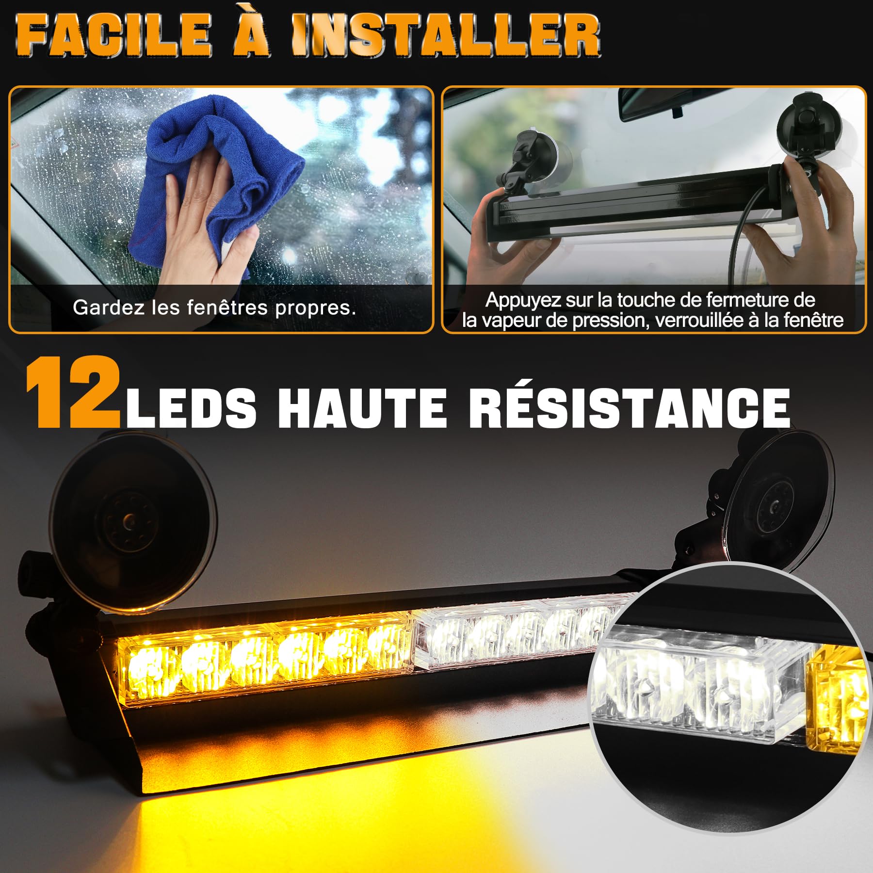 Gyrophare LED Stroboscopique - 35.6cm 12 LED Rampe Gyrophare Led 9 Modes de Flash, 12V-24V Pour Voiture Camion remorque, Feux d'avertissement d'urgence Clignotants (Ambre/Blanc)