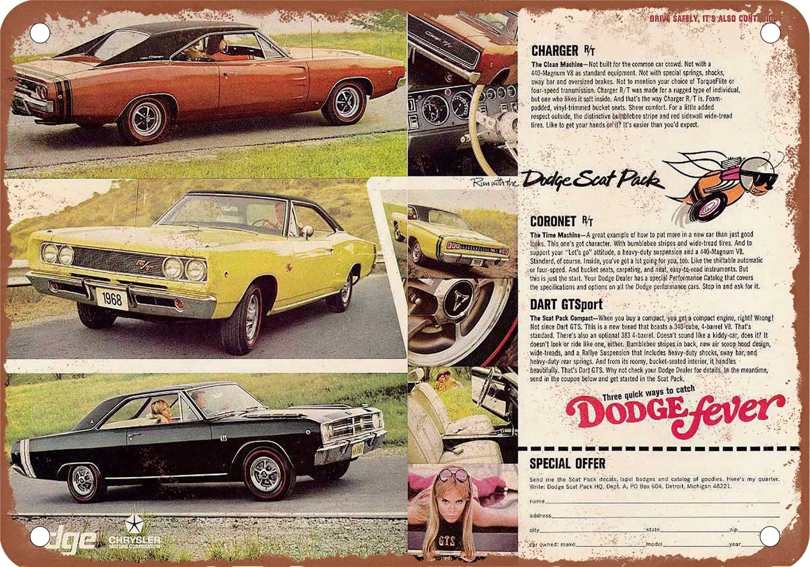 Miaomansenstore Metal Sign - 1968 Dodge Vintage Ad 06 - Old Retro Rusty Look Home Decor