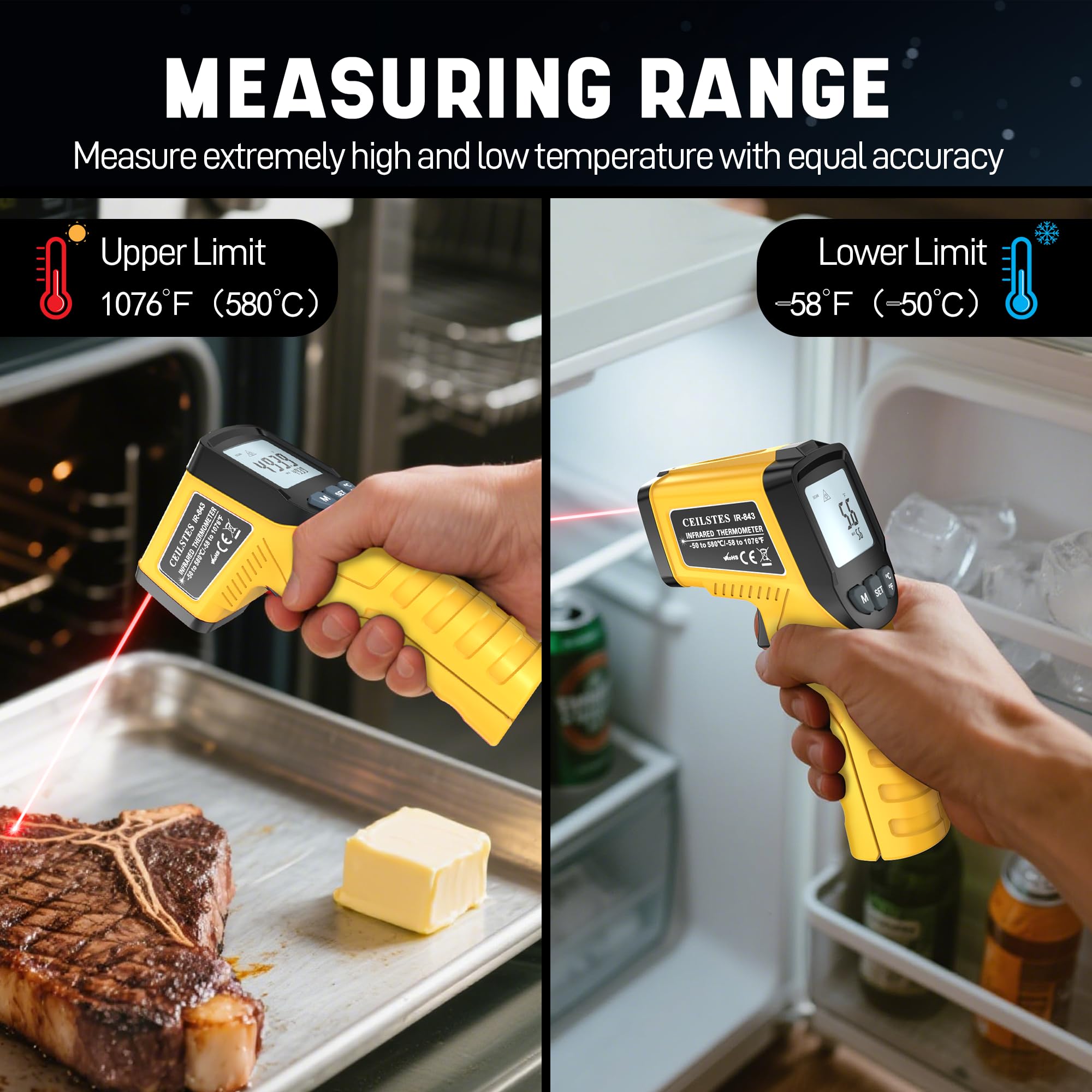 Pistola de termómetro infrarrojo, pistola de temperatura infrarroja para cocinar, pistola de termómetro láser de -50.0 °C ~ 580.0 °C con emisividad ajustable y máx./min, adecuada para la